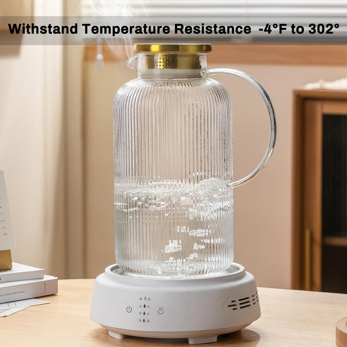 Glass Pitcher with Lid, 100 oz/ 3 Liter Classic Vertical Stripes Water Pitcher,Glass Water Carafe for Cold Brew, Coffee, Lemonade, Iced Sun Tea,Beverage, Milk, Heat Resistant