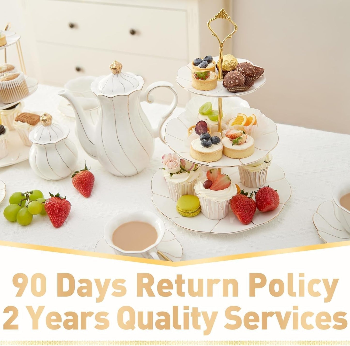 DUJUST 2pcs Porcelain 3-Tier Cupcake Stand Tower, British Style Serving Tray with Golden Trim, Food Grade Dessert Display Stand, Beautiful Gift for Tea Party & Home Décor