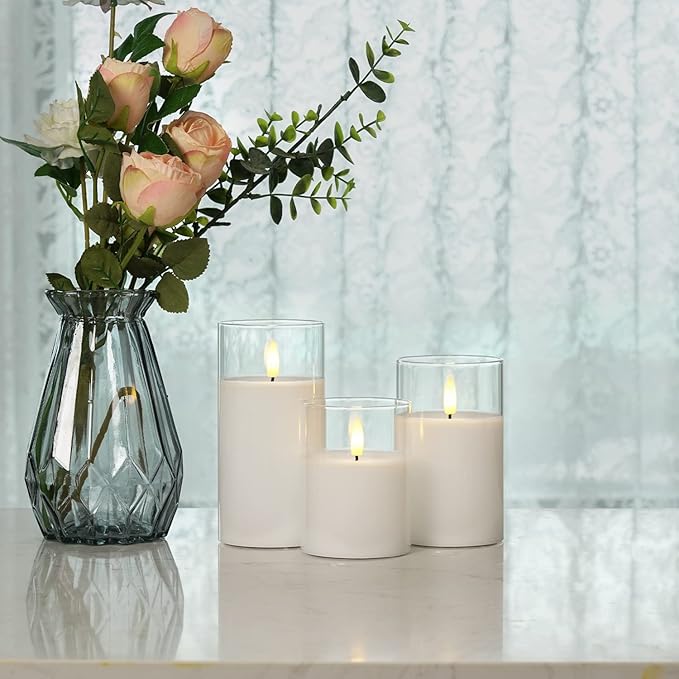Homemory Clear Glass Flameless Candles, Pure White Wax Battery Operated Candles, LED Pillar Candles with Remote Control and Timers, D3 H4 5" 6", Set of 3