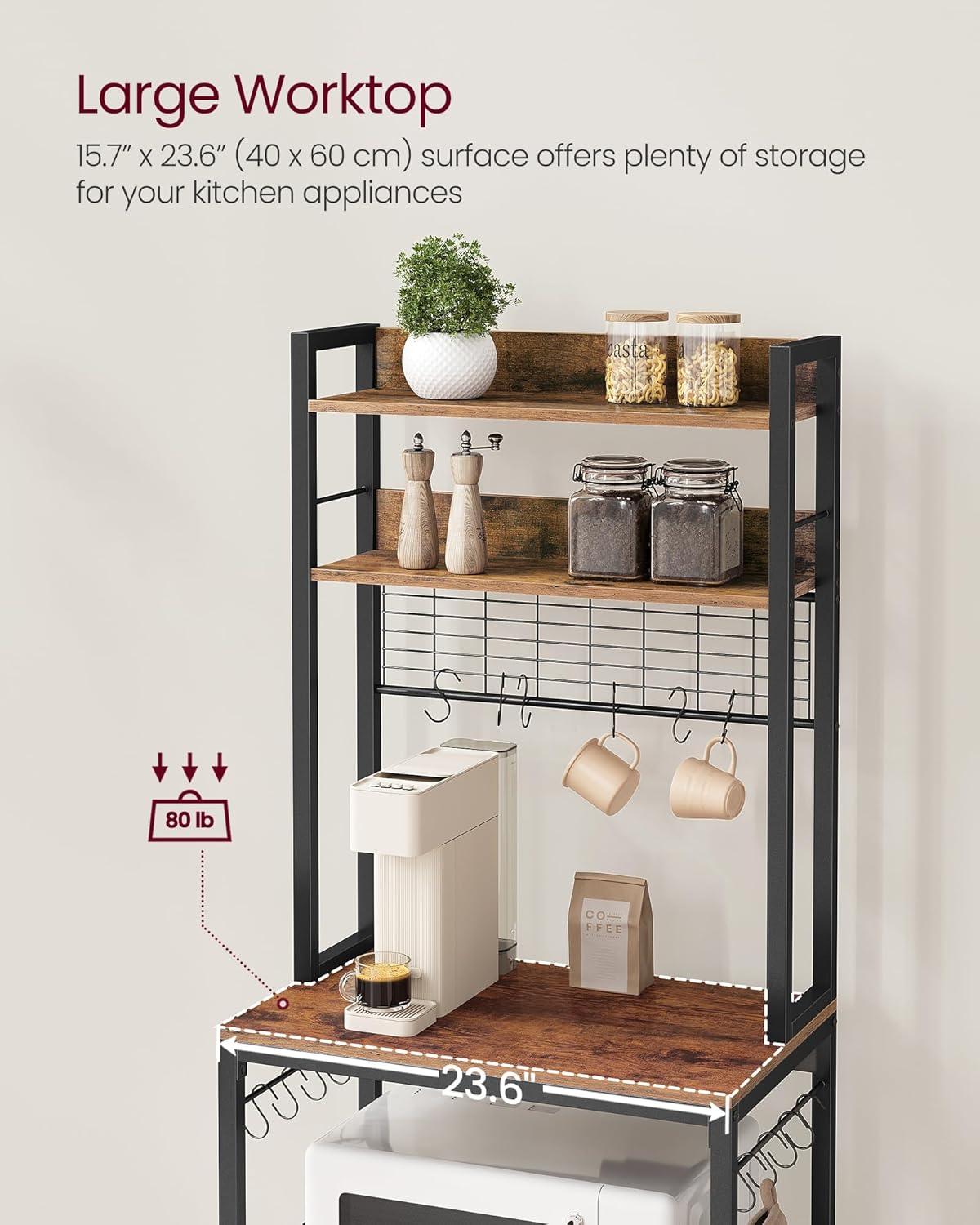 VASAGLE Hutch Bakers Rack with Power Outlet, 14 Hooks Microwave Stand, Adjustable Coffee Bar with Metal Wire Panel, Kitchen Storage Shelf, 15.7 x 23.6 x 66.9 Inches, Rustic Brown and Black UKKS037B01