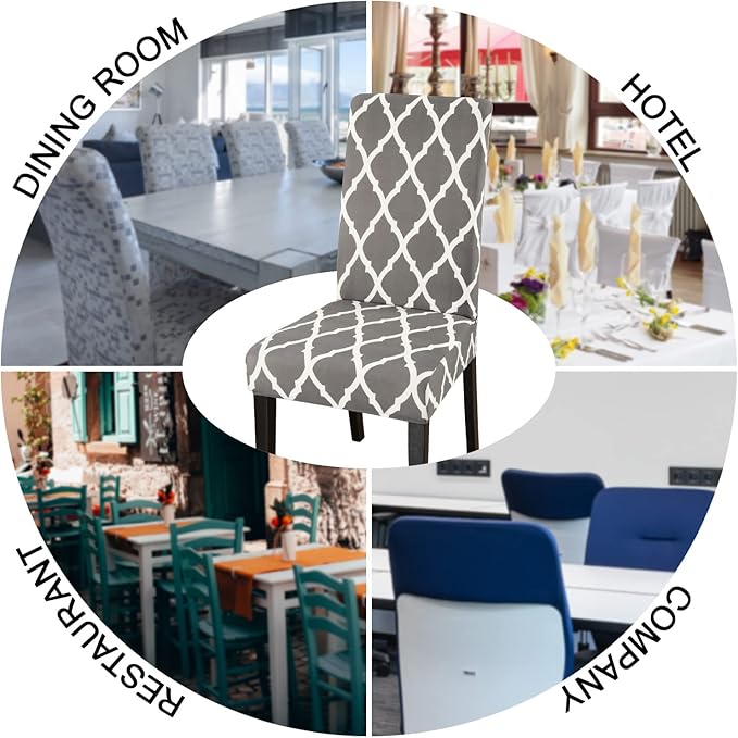 JQinHome Dining Room Chair Covers Set of 8, High Stretch Chair Slipcover Removable Washable Chair Seat Protector Cover for Home Party Hotel Wedding Ceremony (Grey White)