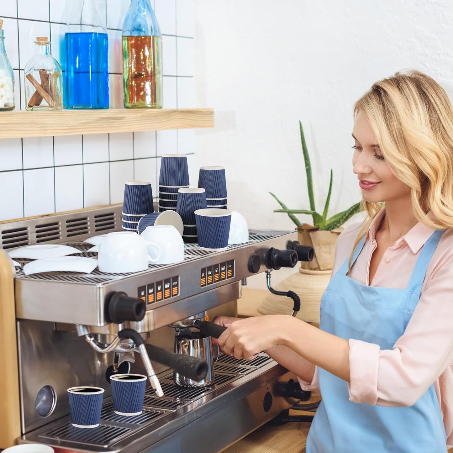 200 Pcs 4oz Paper Espresso Cups Ripple Wall Hot Cups For Coffee Disposable Coffee Cup Paper Hot/Cold Drinking Cups for Party, Picnic, Travel and Events (Blue)