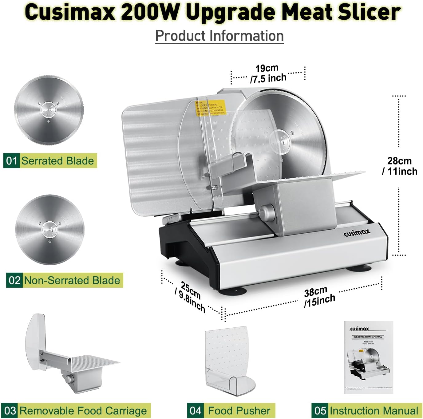CUSIMAX Electric Meat Slicer for Home,Two 7.5''Stainless Steel Blades,1-20mm Adjustable Thickness,Easy to Cut Various Foods,Removable Food Carriage for Easy Cleaning