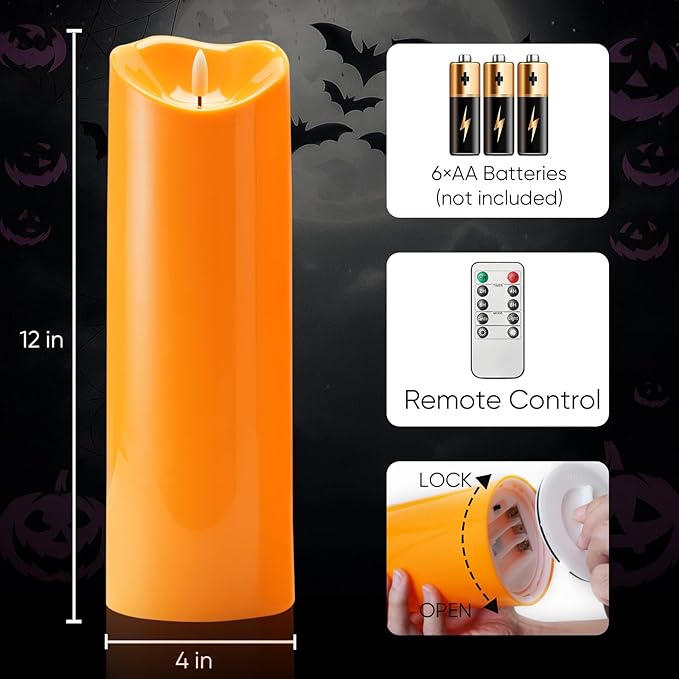 Homemory 4"x12" Halloween Orange Flameless Candles, Fall Candles, Outdoor Waterproof Flameless Candles with Remote and Timers, Battery Operated LED Pillar Candles, Won't Melt Plastic, Set of 2