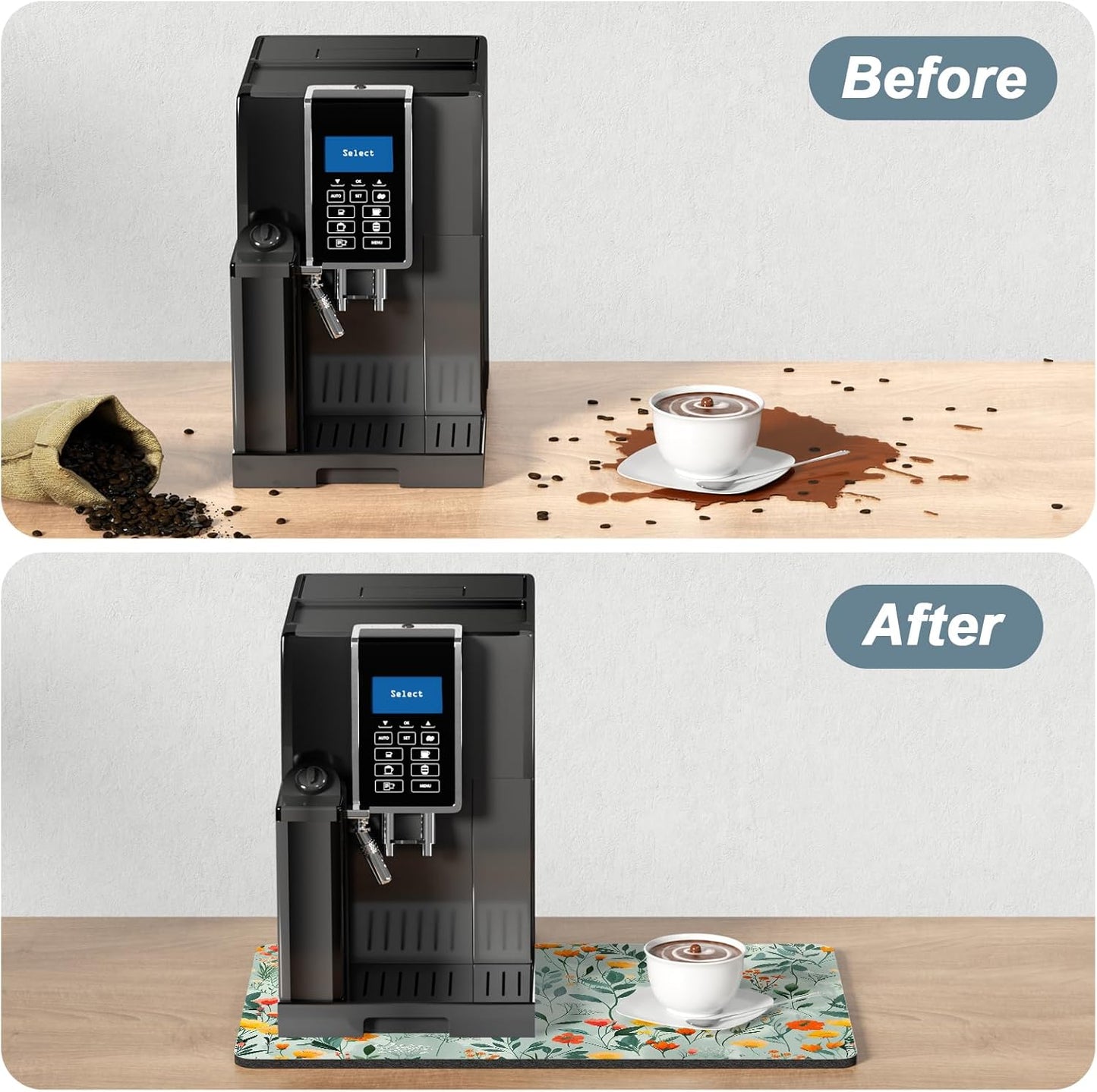 Rnivvi Coffee Mat, 12" x 19" Cute Coffee Bar Mats for Espresso Machine Station Accessories and Organizer, Hide Stain Rubber Backed Absorbent Dish Drying Pad for Kitchen Counter, Abstract Flowers