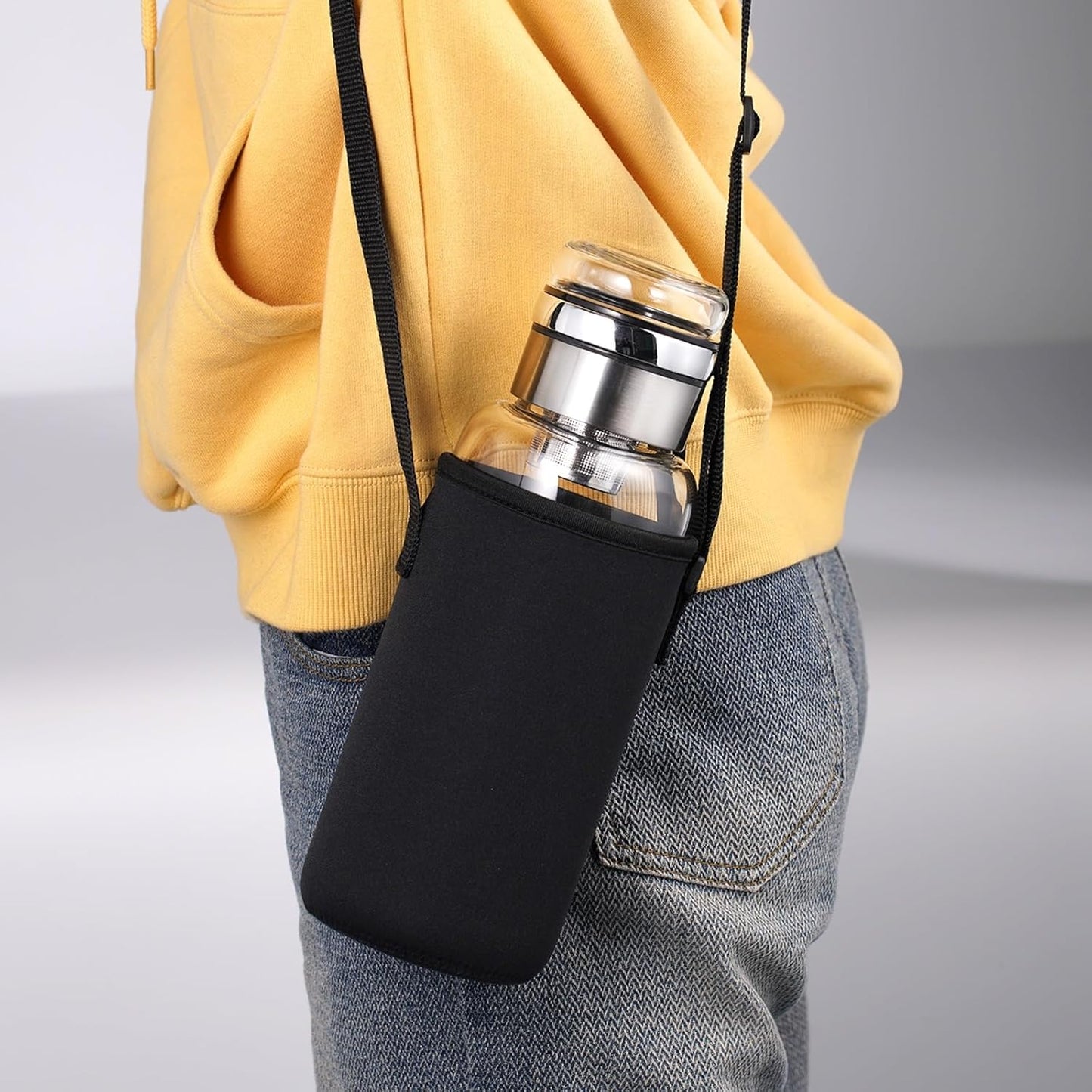 32 oz Glass Water Bottles - Large, Clear, Borosilicate Glass Water Bottle with Stainless Tea Infuser - Cup-Function Lid, Neoprene Sleeve, Strap - Wide Mouth BPA free, for Tea, Beverages, Juice