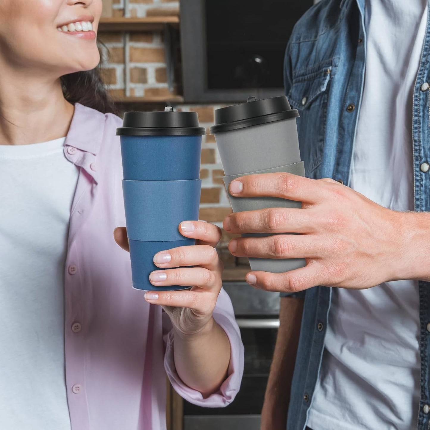 LITOPAK 100 Pack 20 oz Disposable Paper Coffee Cups with Lids, Sleeves and Stirring Sticks for Hot Coffee, Water or Juice, Blue and Gray Hot Paper Cups for Cafes, schools, offices, shops