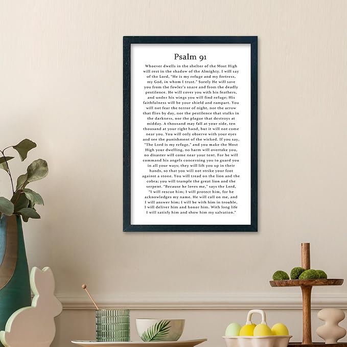 LuZhiQiang Psalm 91 Scripture Wall Art 16"×11" Bible Verse Christian Inspirational Sign Wood Framed Wall Hanging Decor (Black)