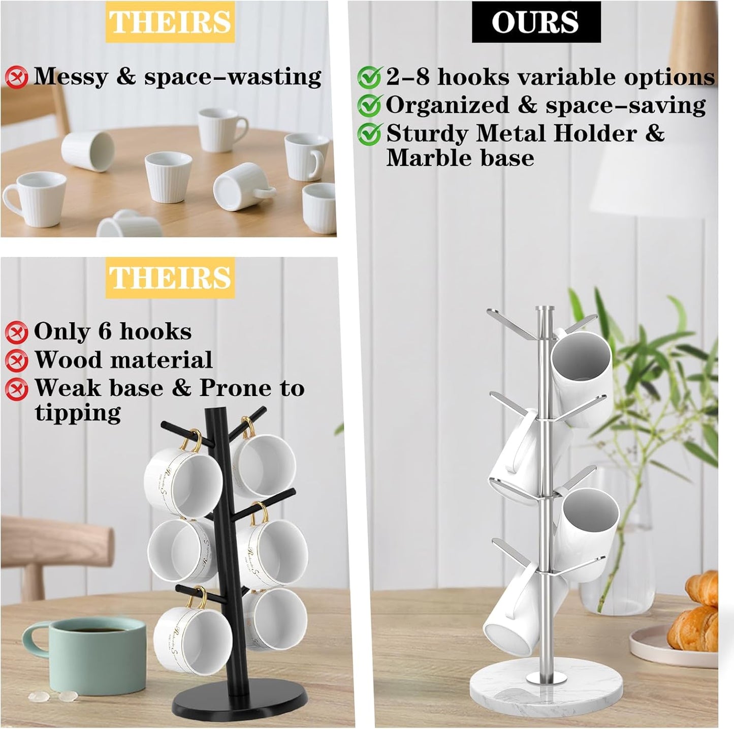 Marble Mug Holder Tree with 8 Hooks, Stainless Steel Coffee Cup Holder, Non-Slip Silicone Pads, Heavy Duty Marble Base, Countertop Organizer for Kitchen & Cafe, Silver