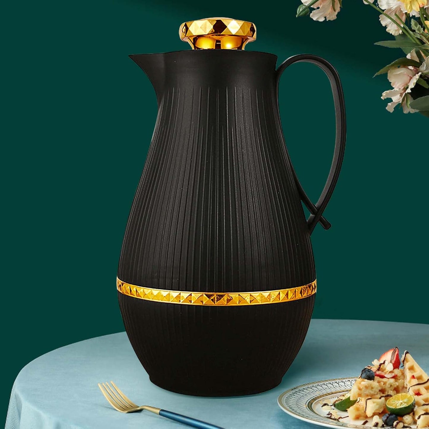 Insulated Thermal Coffee Carafe, 33 oz, Luxury Arabic-Style Insulated Carafe Flask,Coffee Tea Pot,with Spout and Glass Liner for Hot Cold Water,Housewarming Ornaments (Black)