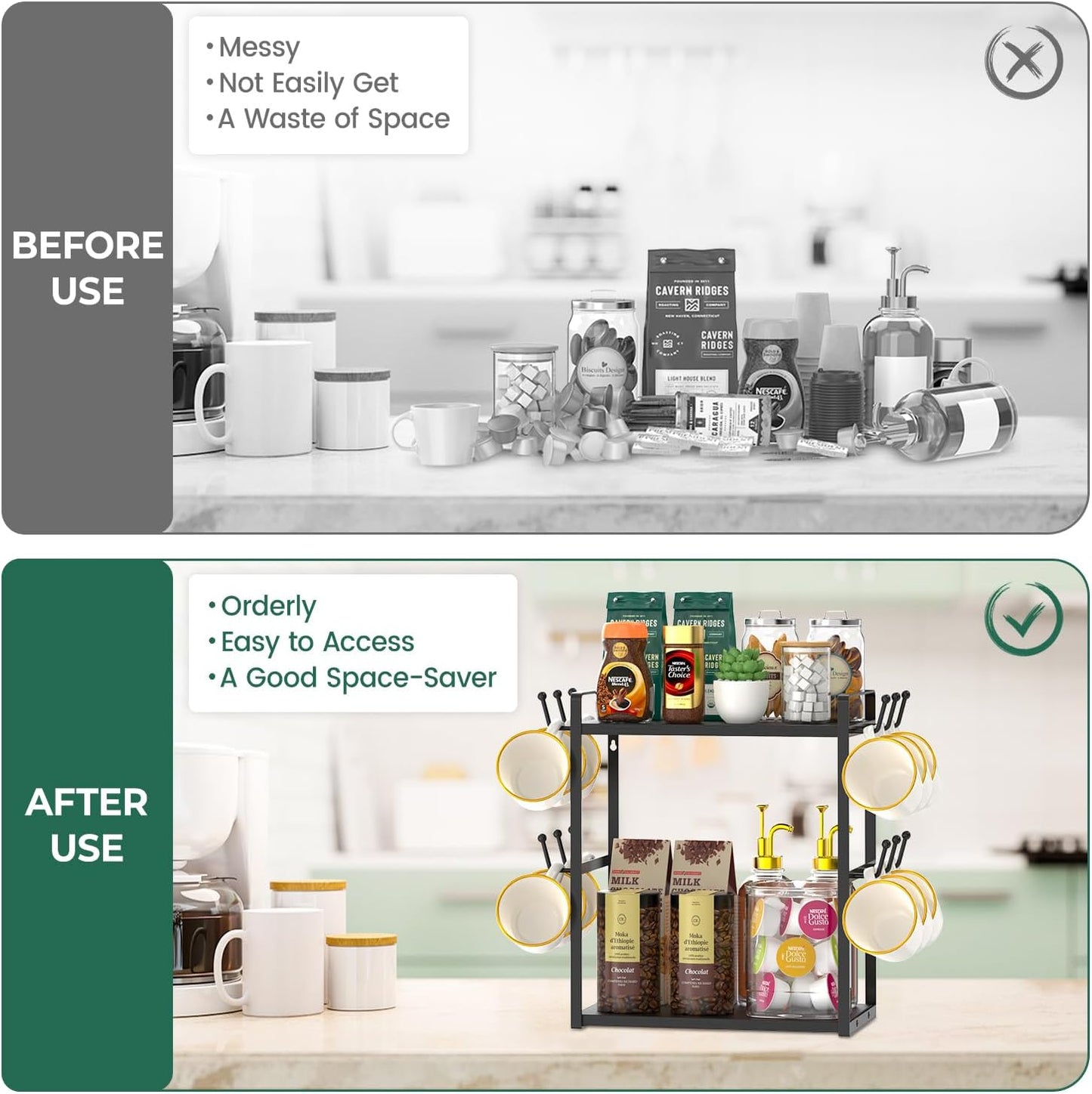 EsLuker.ly 2 Tier Coffee Mug Holder Station Bar Organizer Countertop, Mug Cup Tree Rack for Kitchen Office, Storage Shelf with 12 Hooks, Creat Stylish Coffee Corner, Black