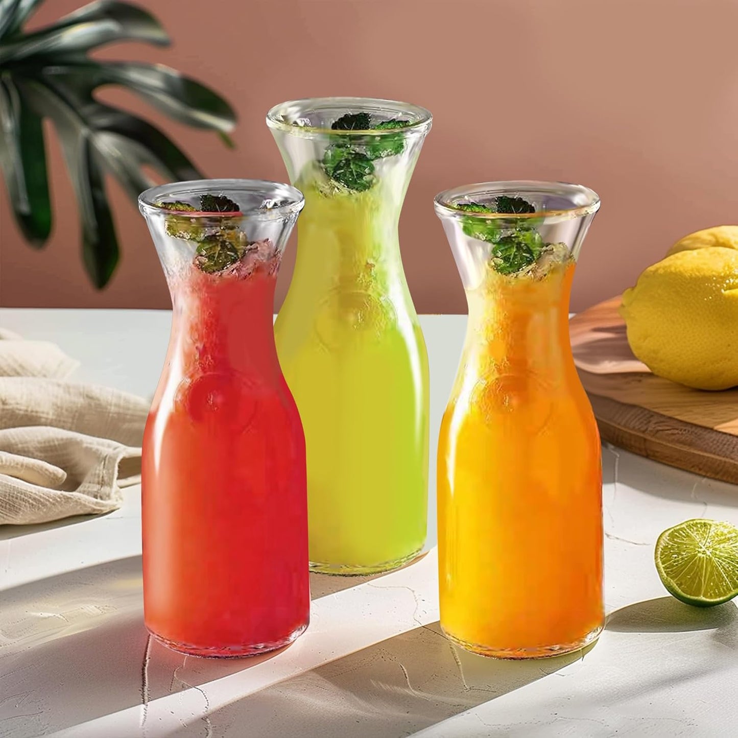 Glass Carafe with Acrylic Lid,35 Oz Beverage Dispensers Carafe,Mimosa Bar Supplies,Clear Glass Pitcher with Name Labels for Iced Tea,Coffee,Juice(Set of 2)