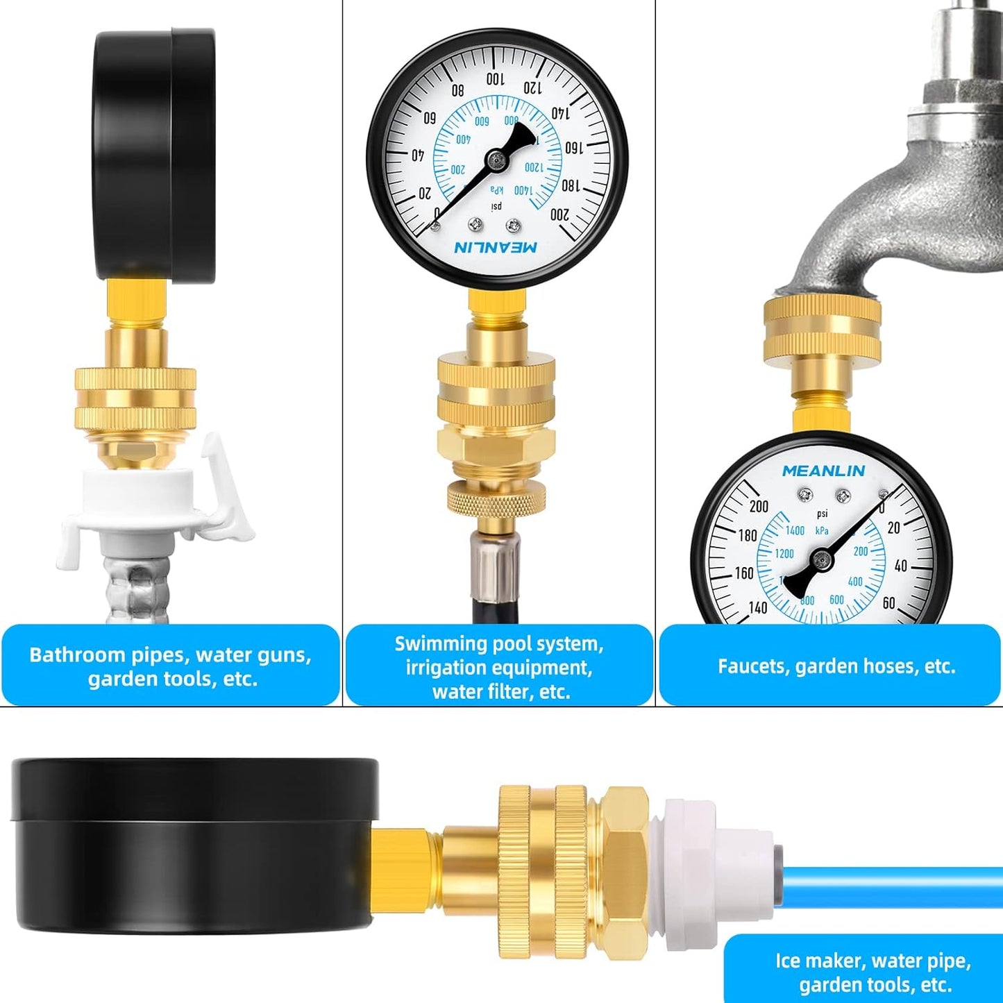 MEANLIN MEASURE 0~200Psi 3/4" Female Water Pressure kit Plus 5 adapters, 2.5" FACE DIAL Multi-Purpose Pressure Gauge kit, Hydraulic Tester,Suitable for Gardens, Water Pipes, etc
