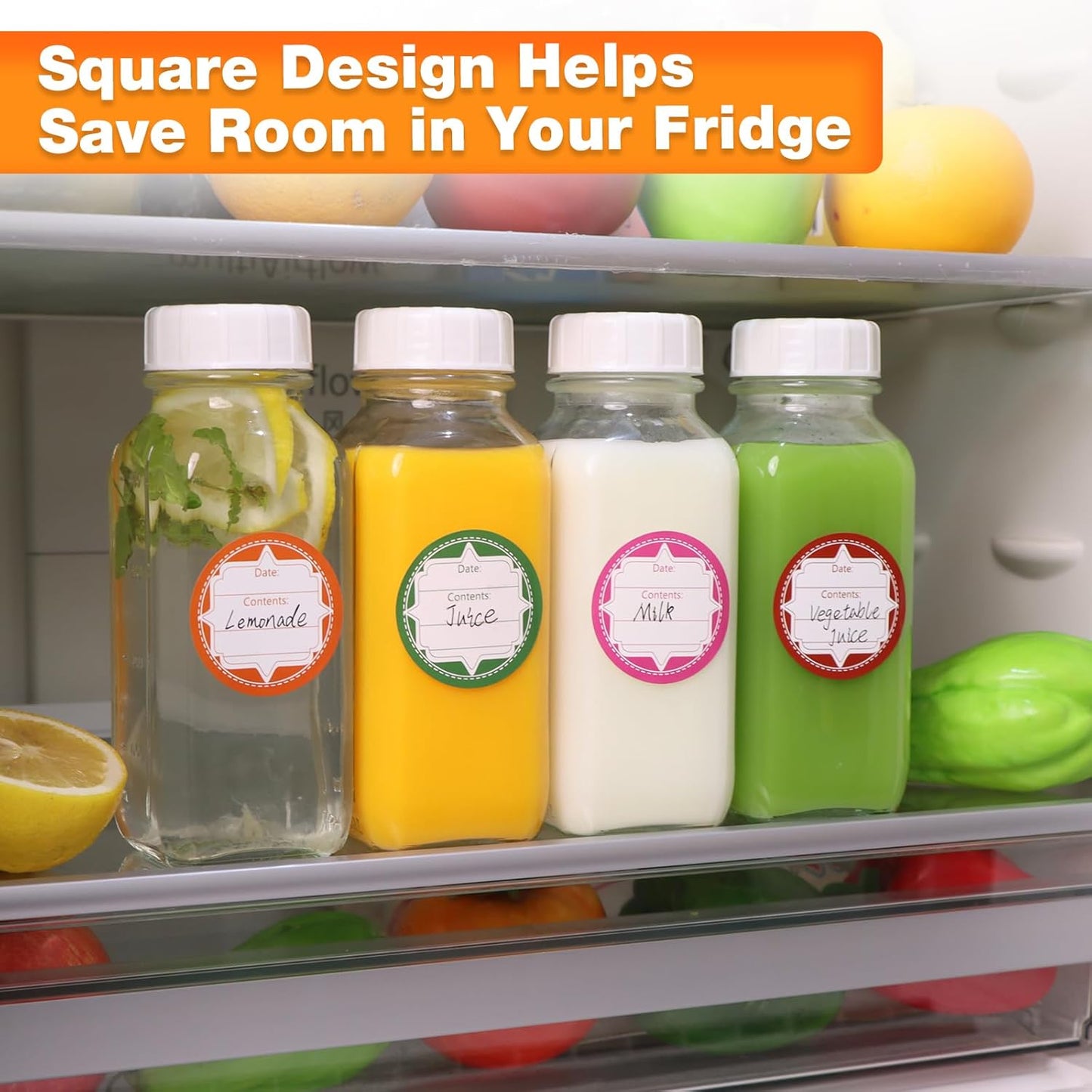 4 Pack 16 OZ Glass Milk Bottles with Lids, Glass Juice Bottles with Scale & Silicone Pour Spout, Reusable Juice Containers Square Drinking Jars for Milk, Coffee, Smoothies, Water