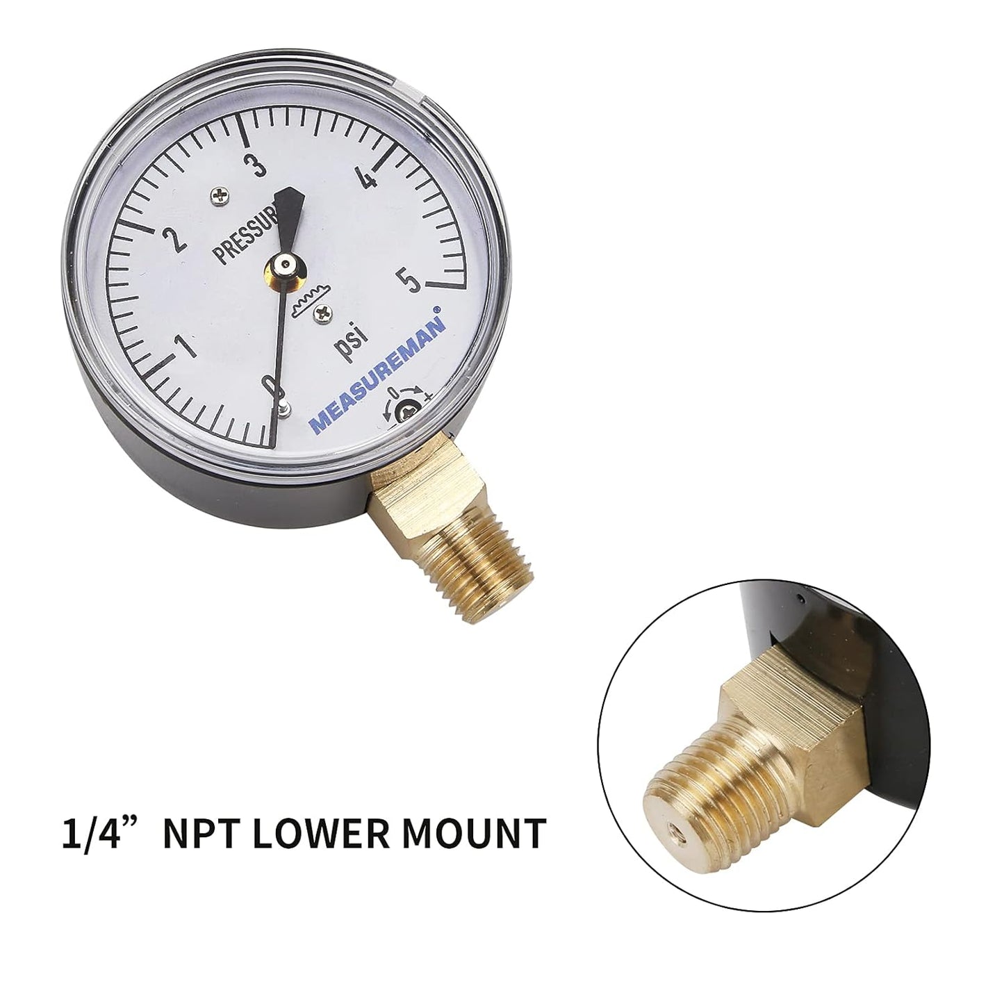 MEASUREMAN Diaphragm Type Capsule Low Pressure Gauge, 2-1/2" Dial, 1/4" NPT Lower Mount, Adjustable, 0-5Psi