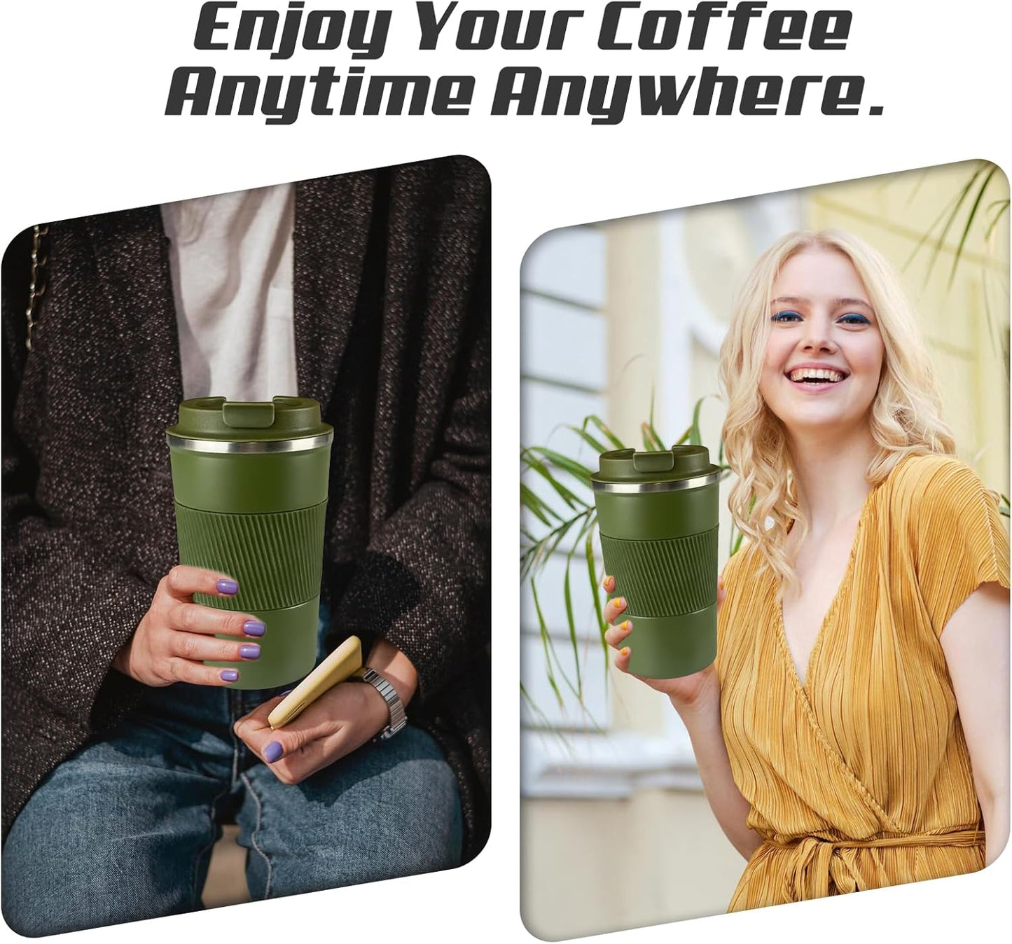 Vacuum-Insulated Stainless Steel Travel Coffee Mug, Leak-Proof Reusable Coffee Cup with Lid - Keep Hot & Cold Drinks for Hours, Durable Thermos Tumbler for Men & Women (3rd-Green, 17OZ)