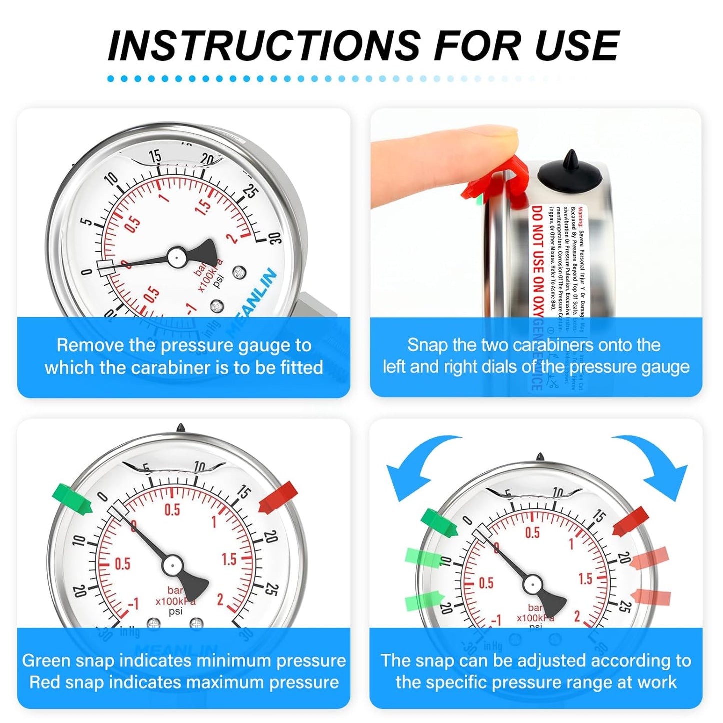 MEANLIN MEASURE -30inHG~30Psi Vacuum Pressure Gauge 316 Stainless Steel Joint 1/4"NPT 2.5"FACE DIAL, Liquid Filled Pressure Gauge WOG Water Oil Air Lower Mount with Stainless Steel Hex Bushing, Snaps