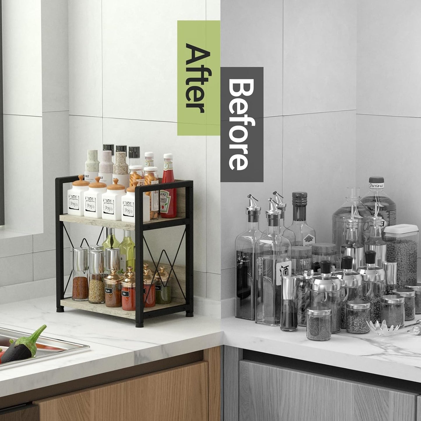 Aduanbang Coffee Bar Accessories Organizer, 2 Tier Wooden Kitchen Counter Shelf, Coffee Organizer Station for Countertop, Condiment Rack for Mugs, Cups, Cream, Syrup