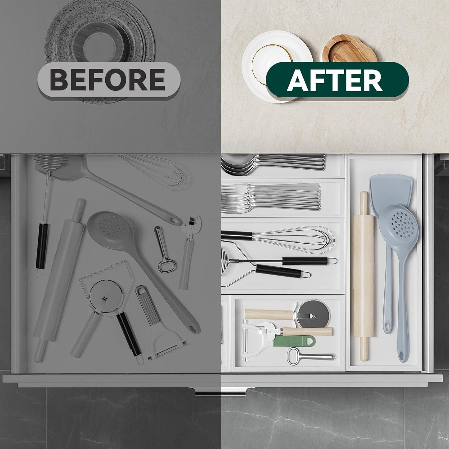 Kitchen Drawer Organizer - 2 Pack, Stackable Bamboo Drawer Organizers, Wooden Storage Box Tray for Cabinet, Pantry, Bathroom Countertop, Multi-use Organization and Storage (White)