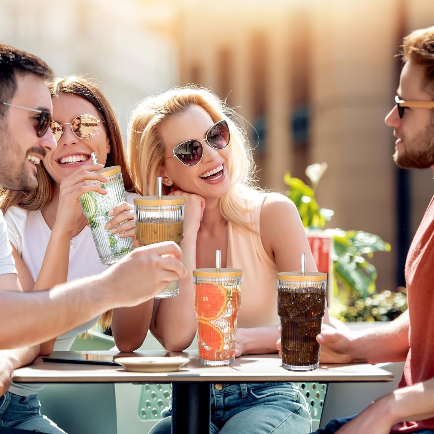 20oz Glass Cups with Lids and Straws,1PCS Ribbed Glass Coffee Cups,Iced Coffee Cups with Lid,Vintage Bamboo Tumbler for Juice,Smoothies