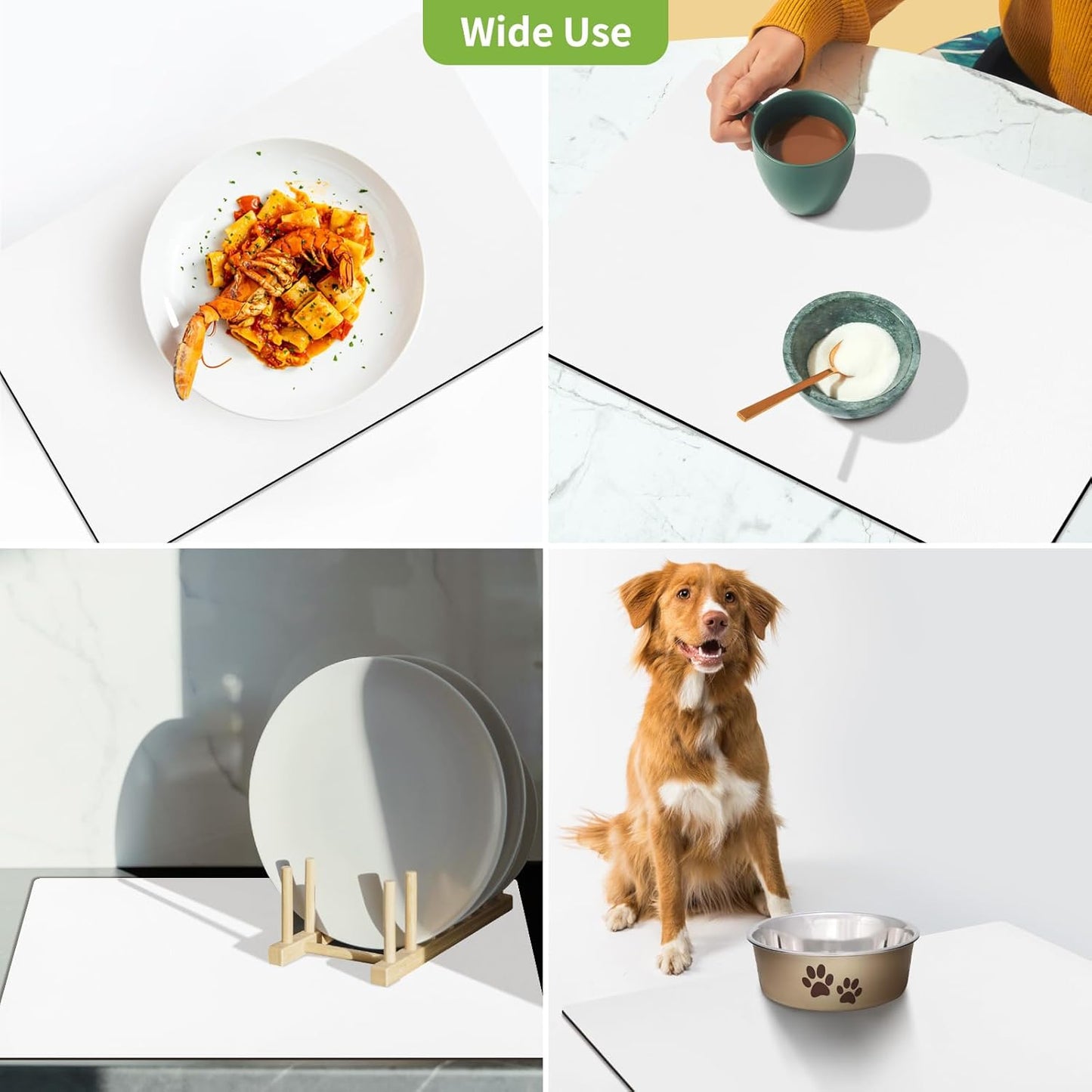 Matace Designer Coffee Bar Mat, Extra Large 17 x 31.5 Inches, Rubber Backing, Absorbent Coffee Maker Mats for Dish Drying, Kitchen Countertop, Heat Resistant, Solid White