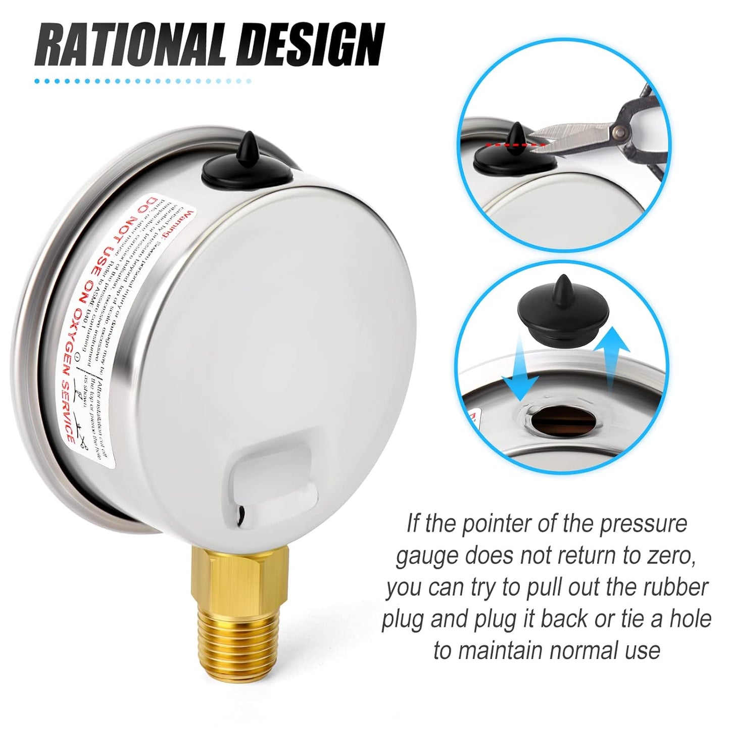 MEANLIN MEASURE 0~1000Psi Stainless Steel 1/4" NPT 2.5" FACE DIAL Liquid Filled Pressure Gauge WOG Water Oil Air Lower Mount, with 1/4" x 1/2" NPT and 1/4" x 3/8" NPT Hex Bushing