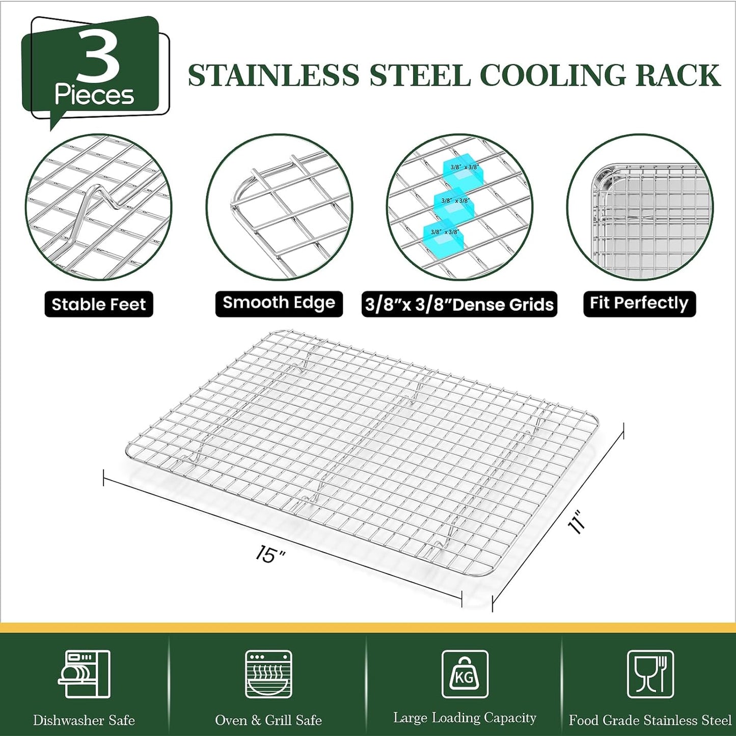 Stainless Steel Cookie Sheets, Baking Sheet Pan Set of 3 with Wire Cooling Rack, Non Stick and Heavy Duty and Easy Clean, 9/12/16 Inch