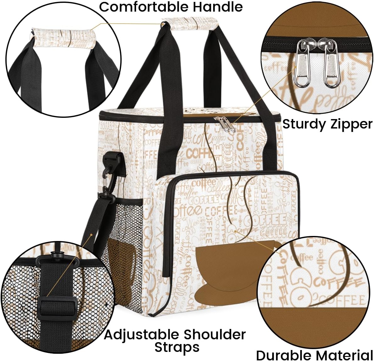 Coffee Cup Coffee Maker Carring Bag Coffee Texts Travel Carrying Storage Tote Bag Compatible with Keurig K-Mini or K-Mini Plus Portable Single Serve Coffee Brewer Case with Pockets for K-cup Pods