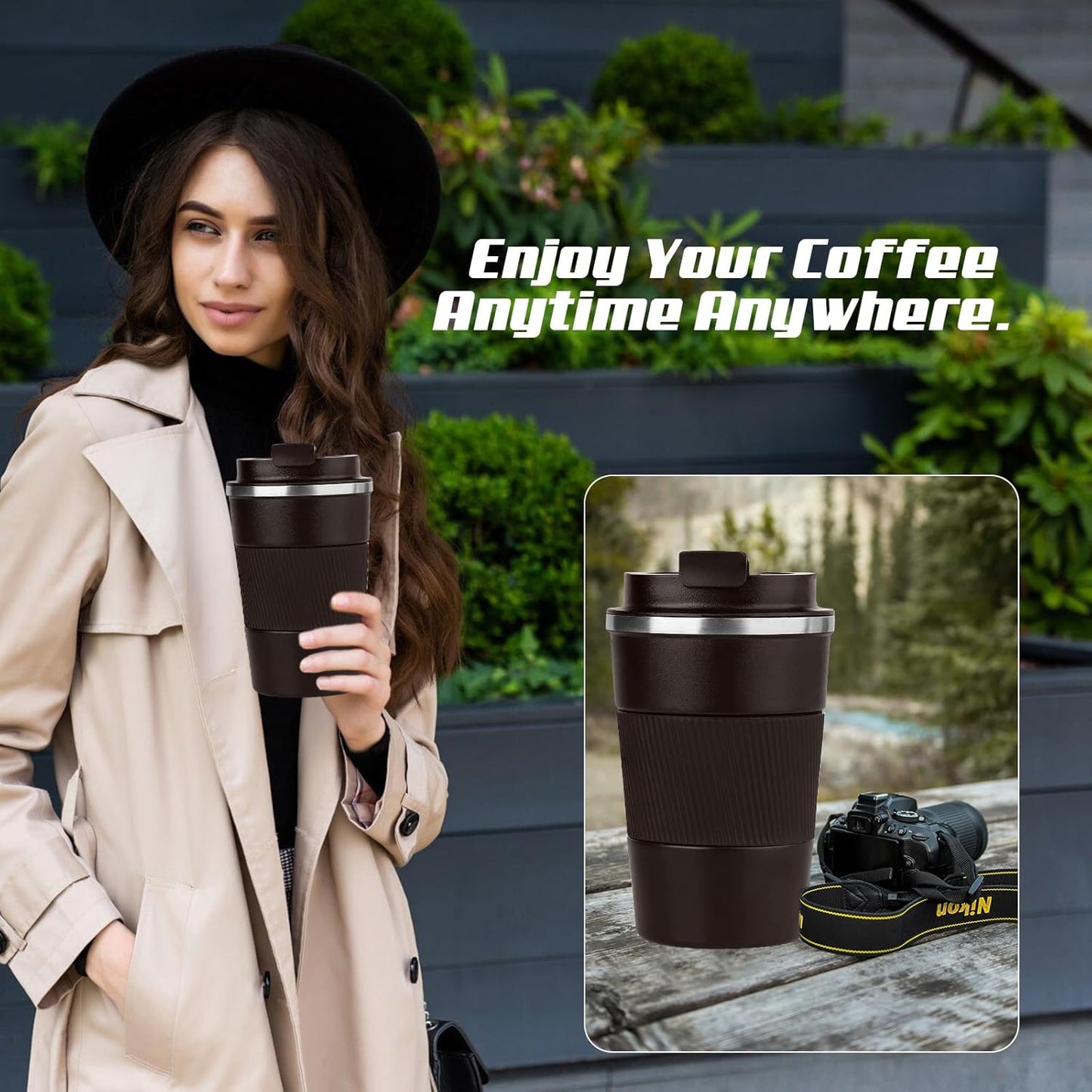 Vacuum-Insulated Stainless Steel Travel Coffee Mug, Leak-Proof Reusable Coffee Cup with Lid - Keep Hot & Cold Drinks for Hours, Durable Thermos Tumbler for Men & Women (3rd-Dark Coffee, 12OZ)