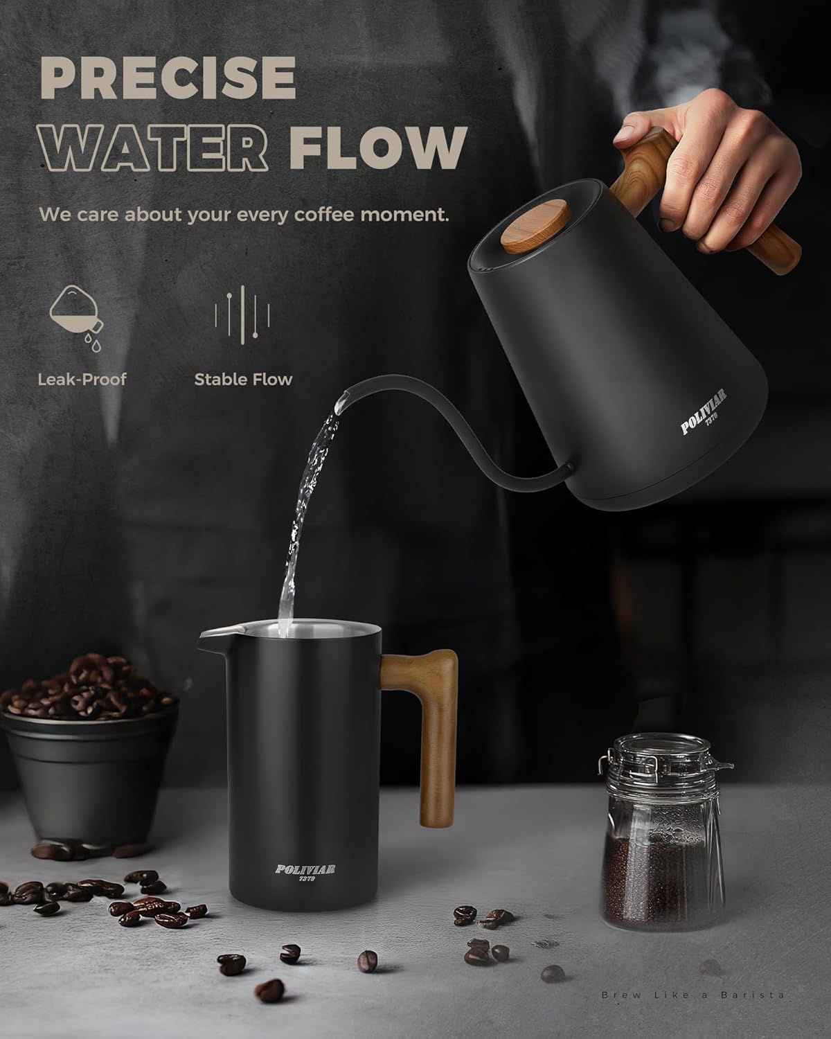 POLIVIAR Electric Gooseneck Kettle, 1350W Electric Tea Kettle Wood Pattern Handle, 34oz Pour Over Electric Kettle for Coffee & Tea, 18/8 Stainless Steel Inner, Temperature Control & Rapid Heating