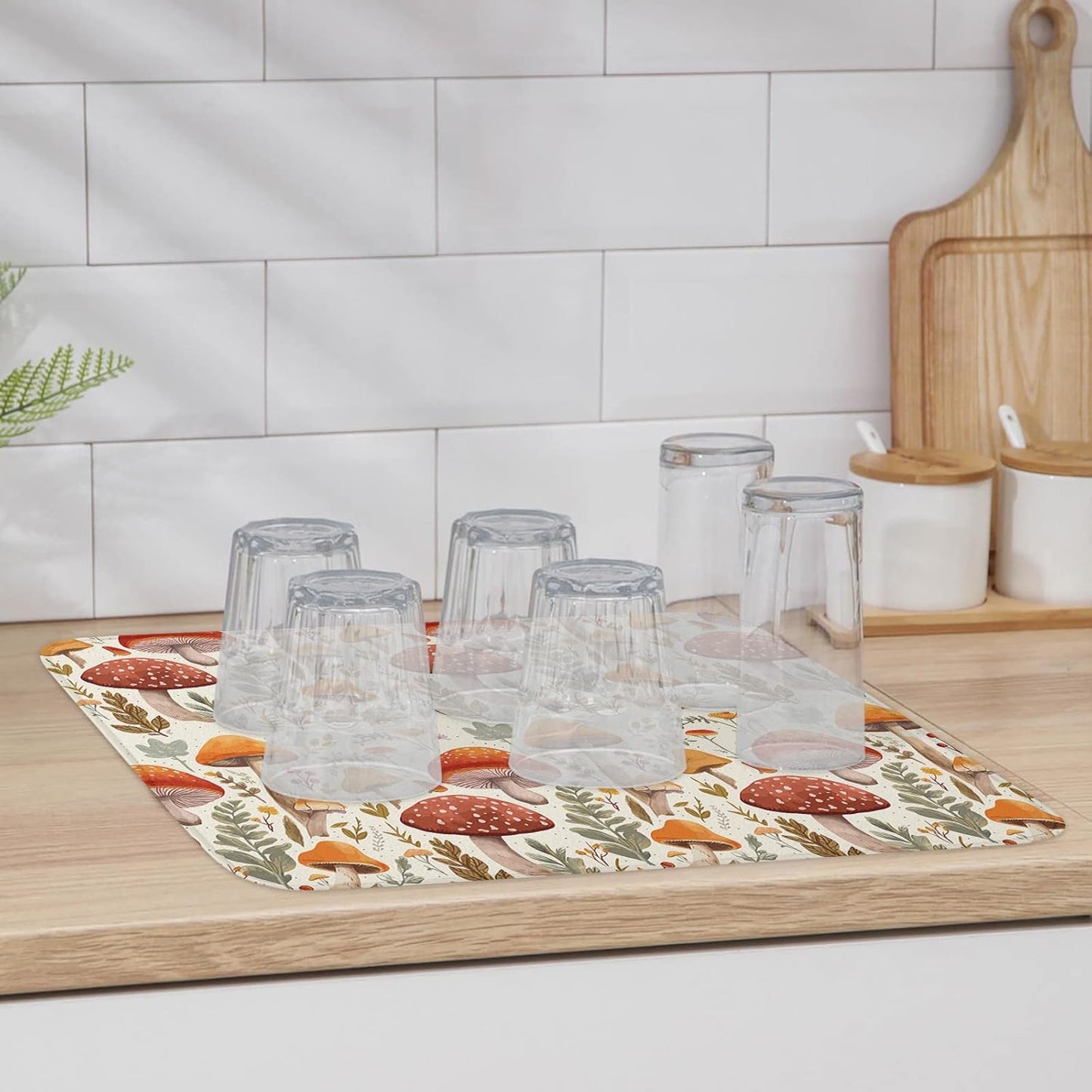 Fall Dish Drying Mat for Kitchen Counter Mushroom Drying Pad Absorbent Drying Mats for Countertops Sinks Draining Racks Autumn Plant Leaves Drainer Holiday Harvest Thanksgiving Decorations 18x24