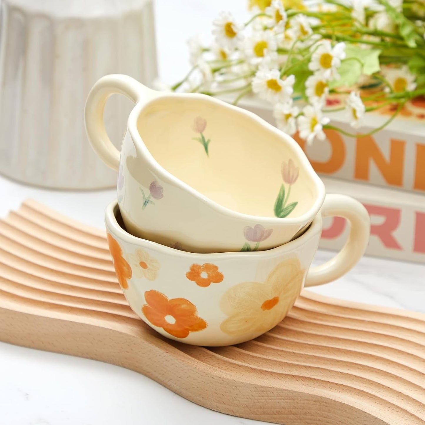 Vesici 2 Pcs Ceramic Coffee Mugs Flower Cups with Spoon Vintage Floral Mugs with Handle 8.5 oz Aesthetic Tea Porcelain Cup Gift for Valentine Office Home, Dishwasher and Microwave Safe(Charming)