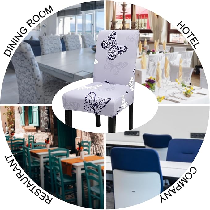 JQinHome Pattern Chair Covers for Dining Room Set of 6, High Stretch Removable Washable Parsons Chair Slipcover for Home Party Hotel Wedding Ceremony (Grey Butterfly,6PCS)