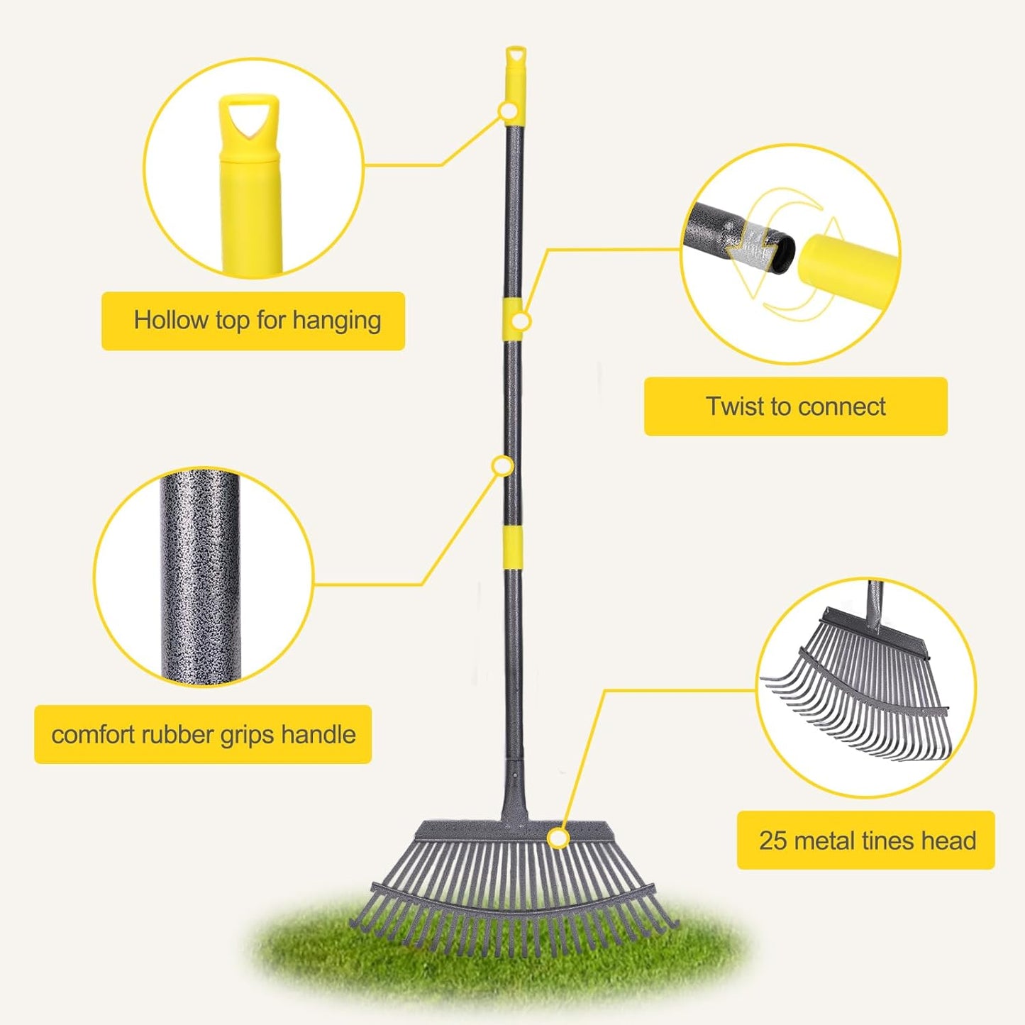 25 Metal Tines Rake for Leaves, 36-73" Adjustable Handle Garden Rakes,18" Wide Heavy Duty Rake with 32Gallon Reuseable Leaf Bag, A Great Cleanup Set for Lawn, Garden, Yards, Shrub,Grass, RV Camping