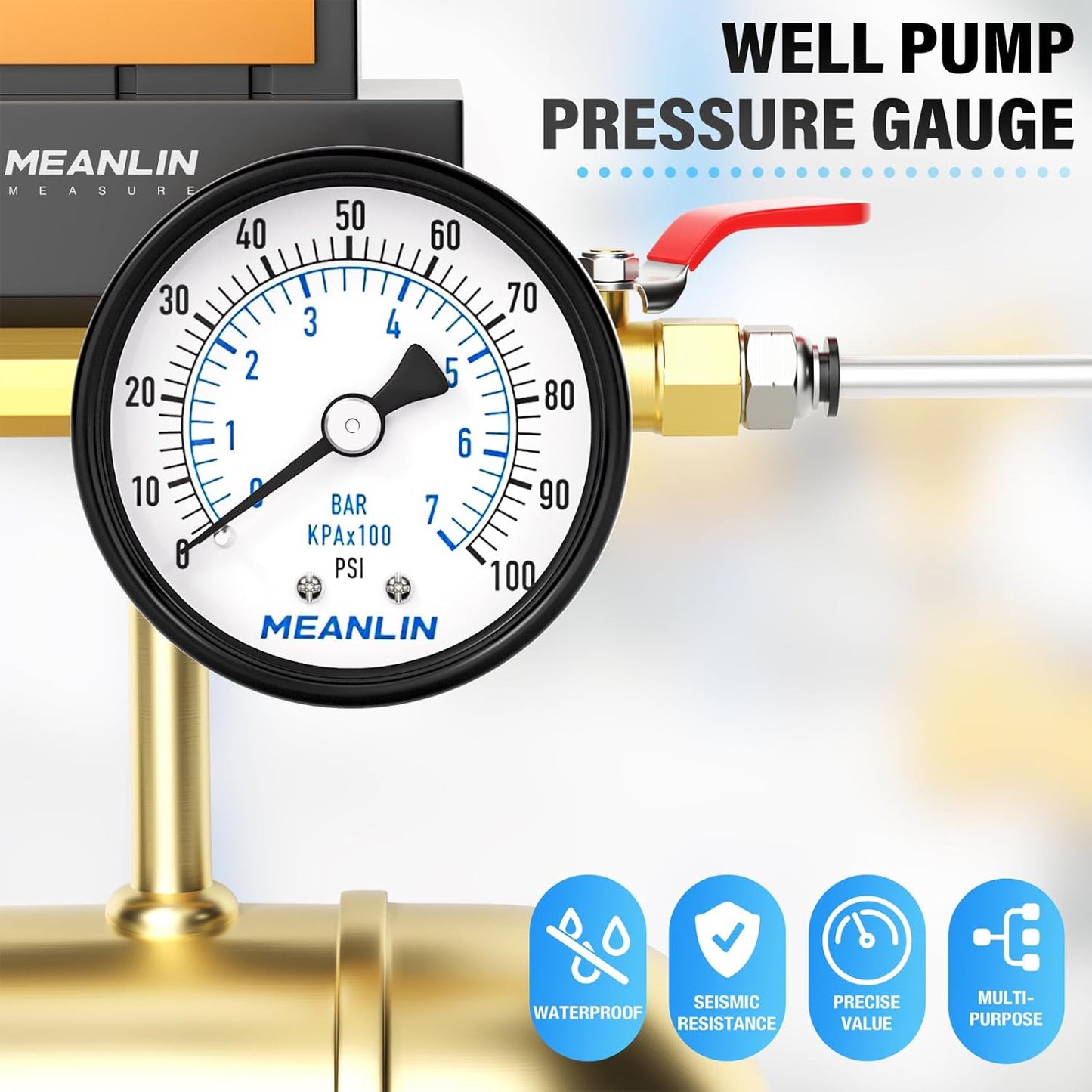 MEANLIN MEASURE 0-100Psi 2" DIAL FACE 1/4" NPT Well Pump Pressure Gauge, with 1/2" NPT and 3/8" NPT Hex Bushing, 3-2-3% Accuracy, Center Back Mount