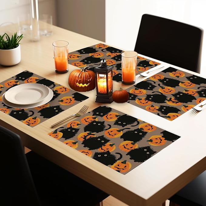 Halloween Placemats Cat Pumpkin Set of 4 Table Mats Seasonal Cute Home Party Kitchen Dining Table Decorations