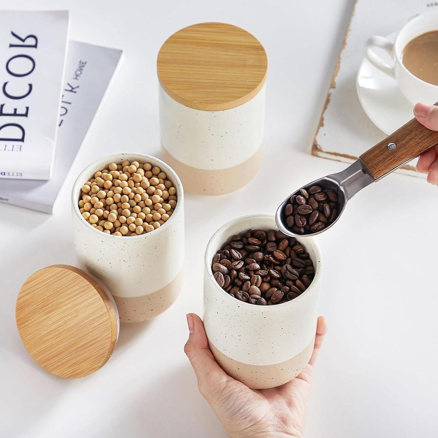 vancasso Sabine Ceramic Canister Set with Airtight Wood Lids - 4-Piece Small Kitchen Storage for Coffee, Sugar, Tea & Spices (18 oz Each) - Compact Countertop Jars