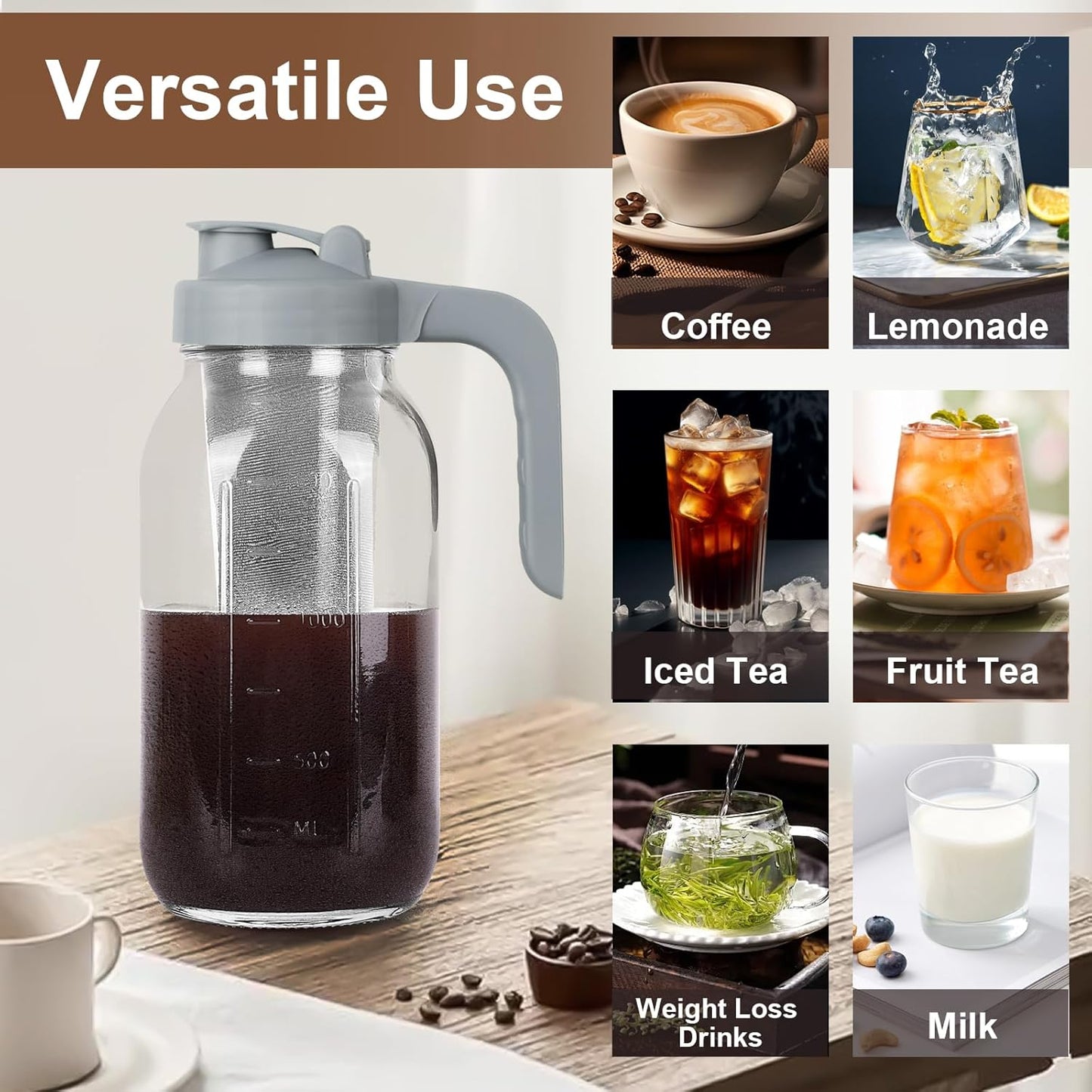 Cold Brew Coffee Maker Pitcher,32 Oz Glass Mason Jar Pitcher with V-shaped Pour Spout Handle Lid,Stainless Steel Filter for Iced Coffee,Iced tea,Breast Milk,Fruit Drinks,lemonade-Gray