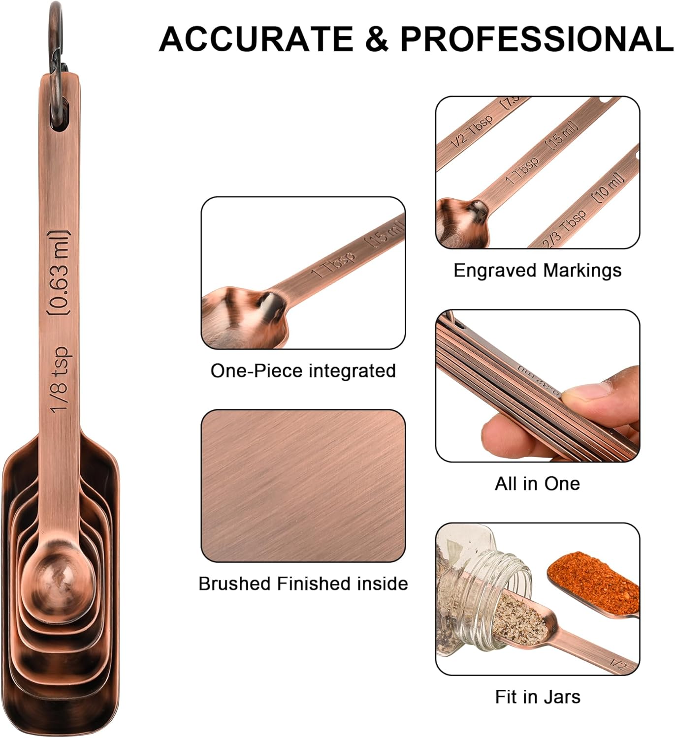 Measuring Cups and Spoons Set, Copper Measuring Cups and Spoons Set 17, Stainless Steel Measuring Cups and Spoons set, Metal 7 Measuring Cups and 9 Measuring Spoons with 1 Leveler for Kitchen