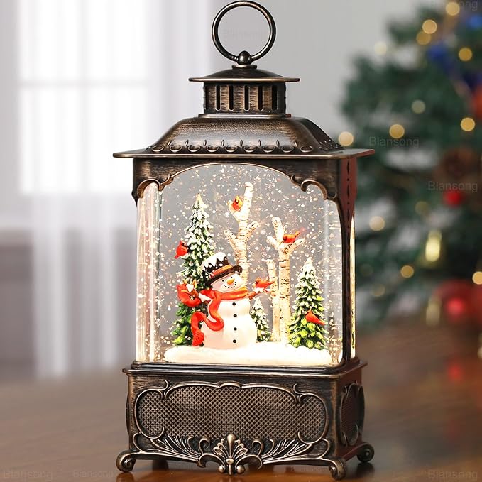 Snowman Snow Globe Lantern Christmas Decorations Gifts Auto Snowfall Glitter Music Collection Snowman Cardinal Birch Forest with 6H Timer USB/Battery Powered 10.2 inch