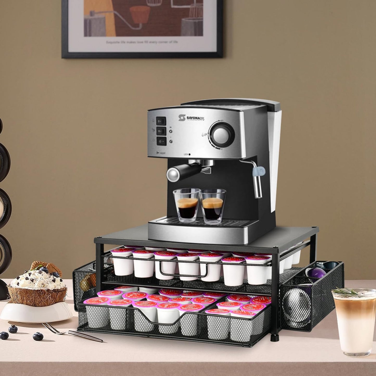 Spacrea K Cup Holder Organizer- Coffee Pod Holder for Counter with 2 Tier Sliding Storage Drawer, Coffee Station Bar Accessories Holder, 63 Large or 80 Small Capsules, Home Kitchen (Black)