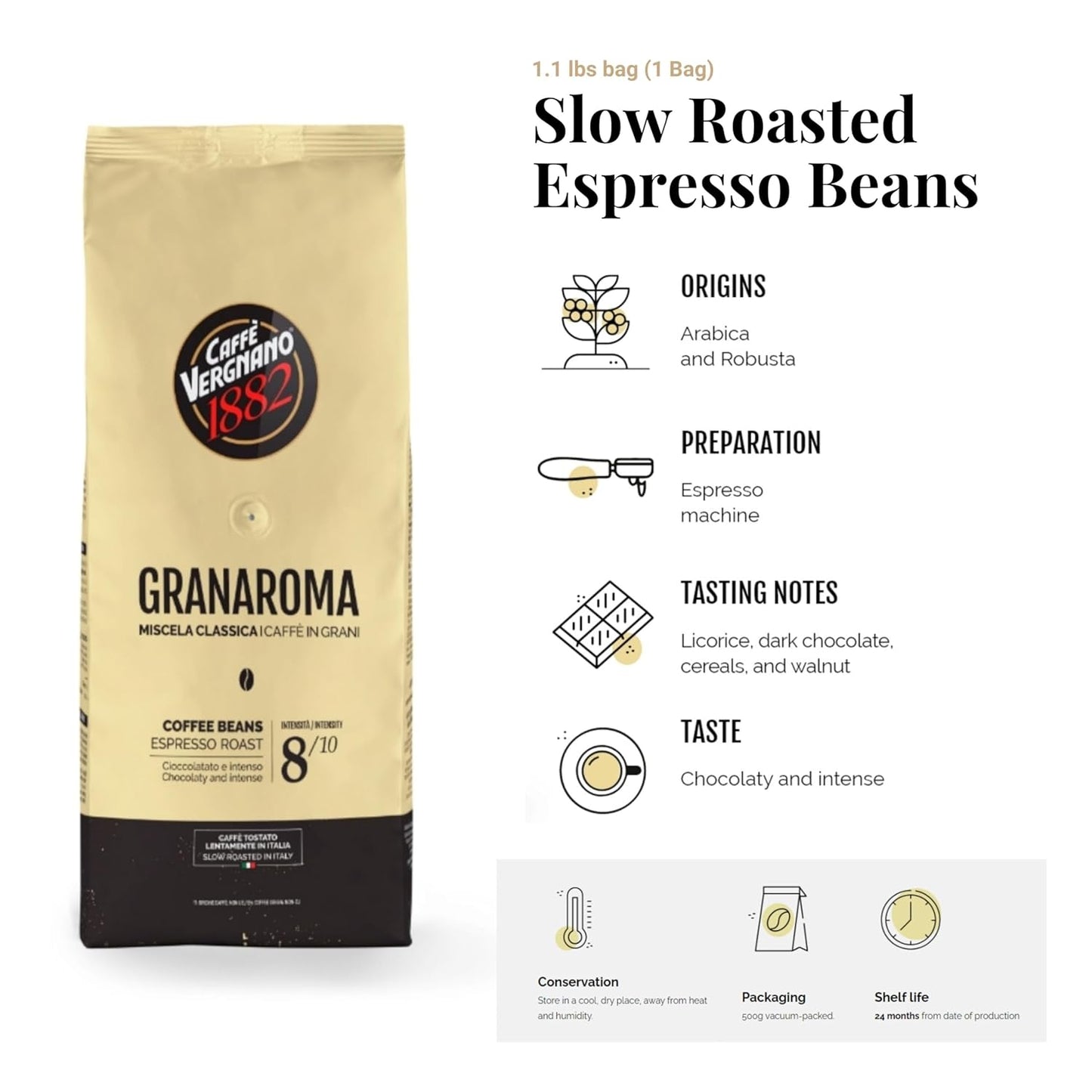 Caffe Vergnano 1882 Granaroma, Espresso, & Antica Bottega Whole Bean Arabica Medium Espresso Roast Coffee, 1.1lbs Bag - Italian Coffee Beans -500g Bag (3 Pk)