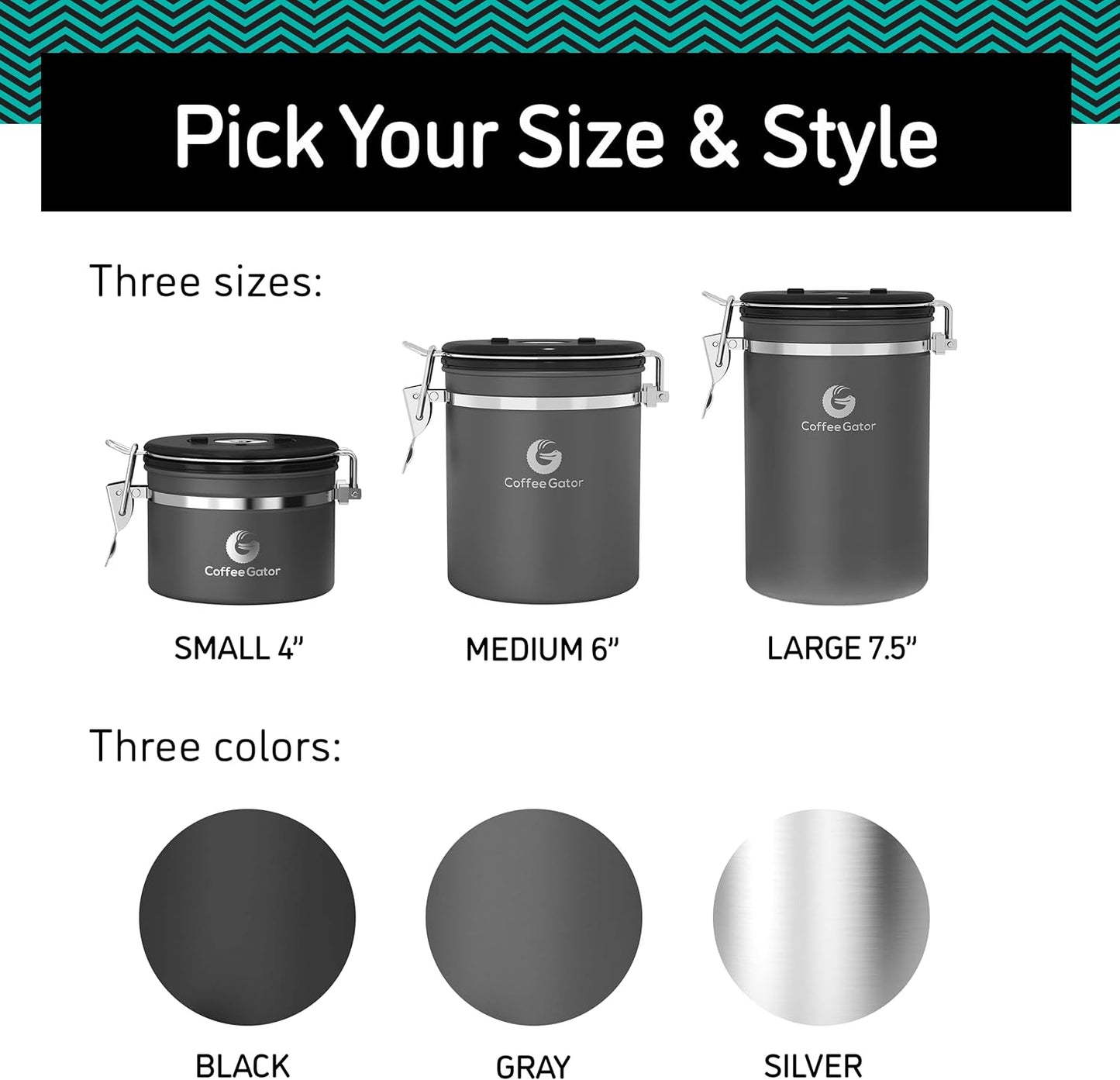 Coffee Gator Coffee Canister, 11oz Airtight Stainless Steel Kitchen Food Storage Container with Date Tracker, CO2-Release Valve and Scoop for Sugar, Beans, Tea, Sugar, Cereal, Cookies Jars - Black