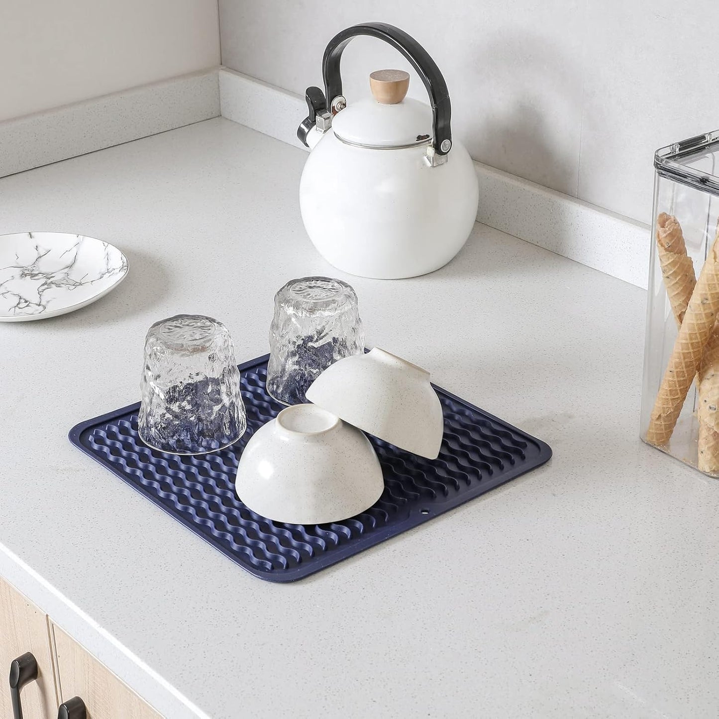 Silicone Dish Drying Mat for Multiple Usage,Easy clean,Eco-friendly,Heat-resistant Silicone Mat for Kitchen Counter or Sink,Refrigerator or Drawer liner Navy Blue M 12 inches x 12 inches