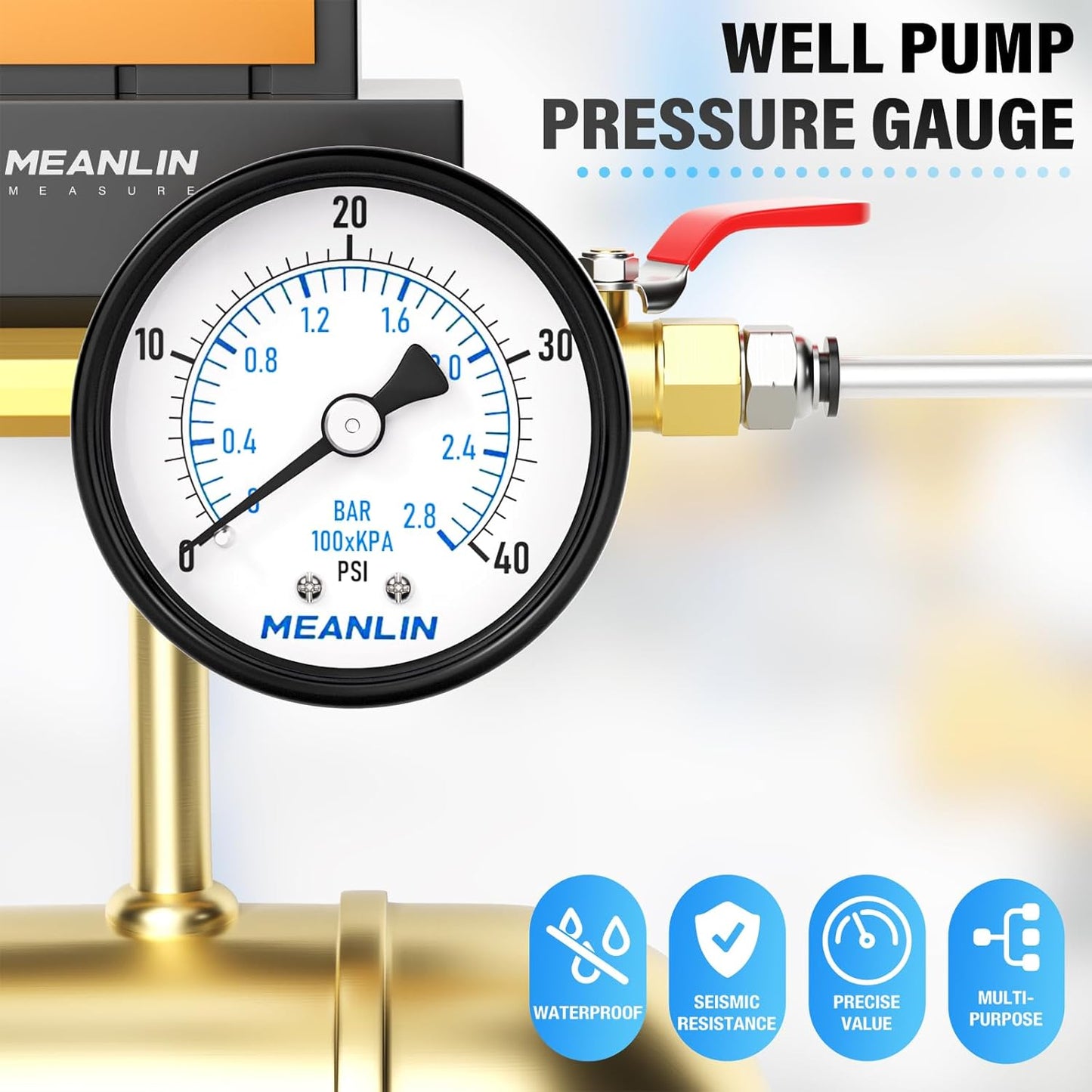 MEANLIN MEASURE 0-40Psi 2" DIAL FACE 1/4" NPT Well Pump Pressure Gauge, with 1/2" NPT and 3/8" NPT Hex Bushing, 3-2-3% Accuracy, Center Back Mount