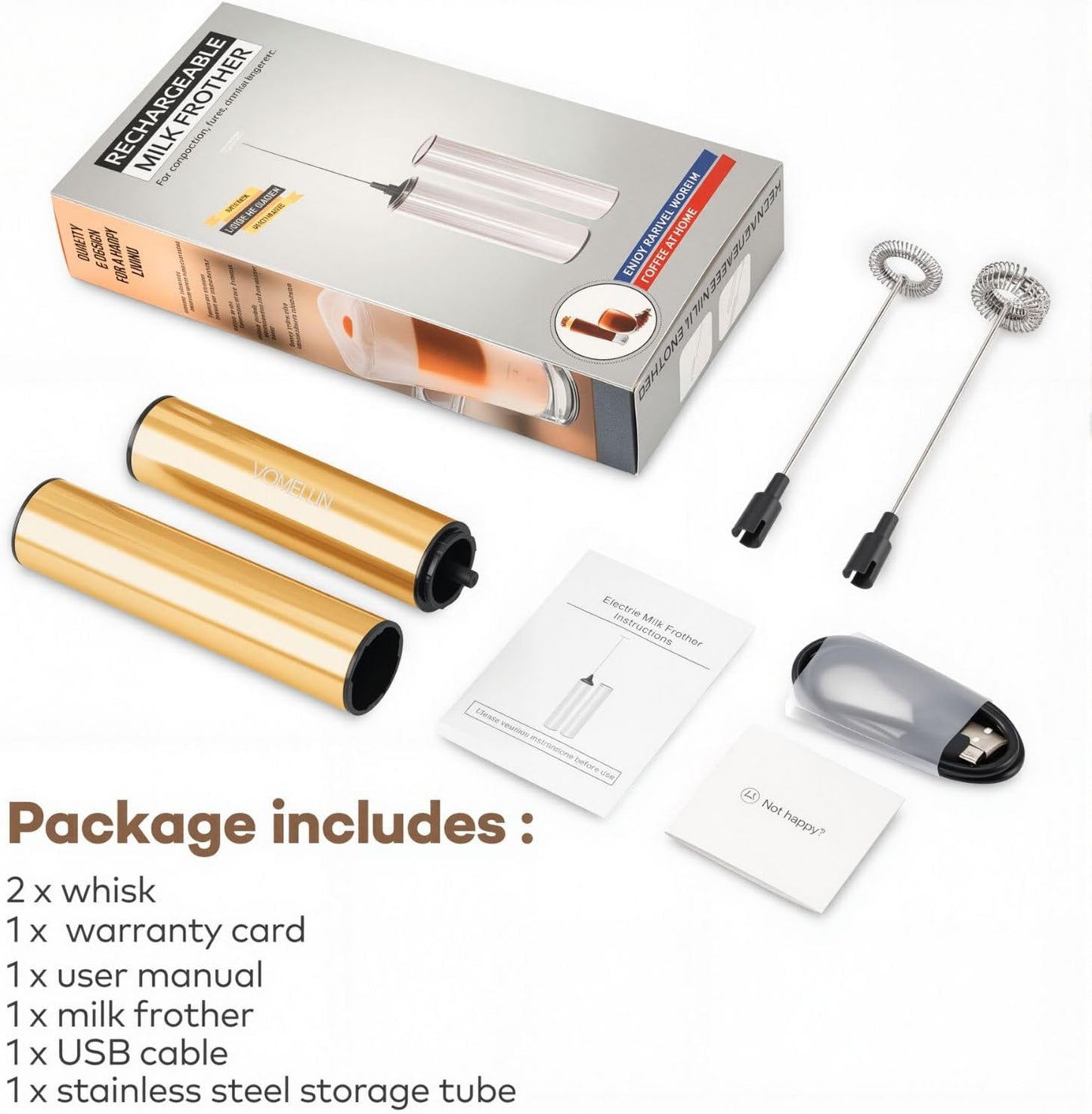 Rechargeable Milk Frother Handheld Electric Frother Wand Milk Foamer Drink Mixer for Coffee, Lattes, Cappuccino, and Egg, Stainless Steel for Travel-Golden