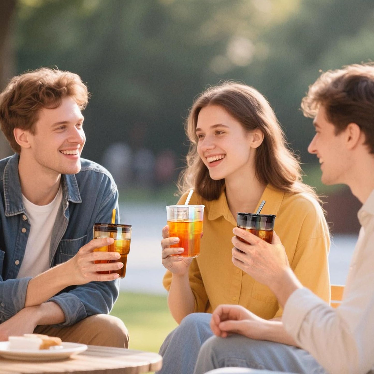 13 oz Glass Tumbler with Glass Straw and Lid, Leak-Proof Reusable Travel Cup for Iced Coffee, Tea, Matcha, Fruit Juice – Thick Wall Clear Water Bottle (Amber & Iridescent Shimmer, 2 Pack)