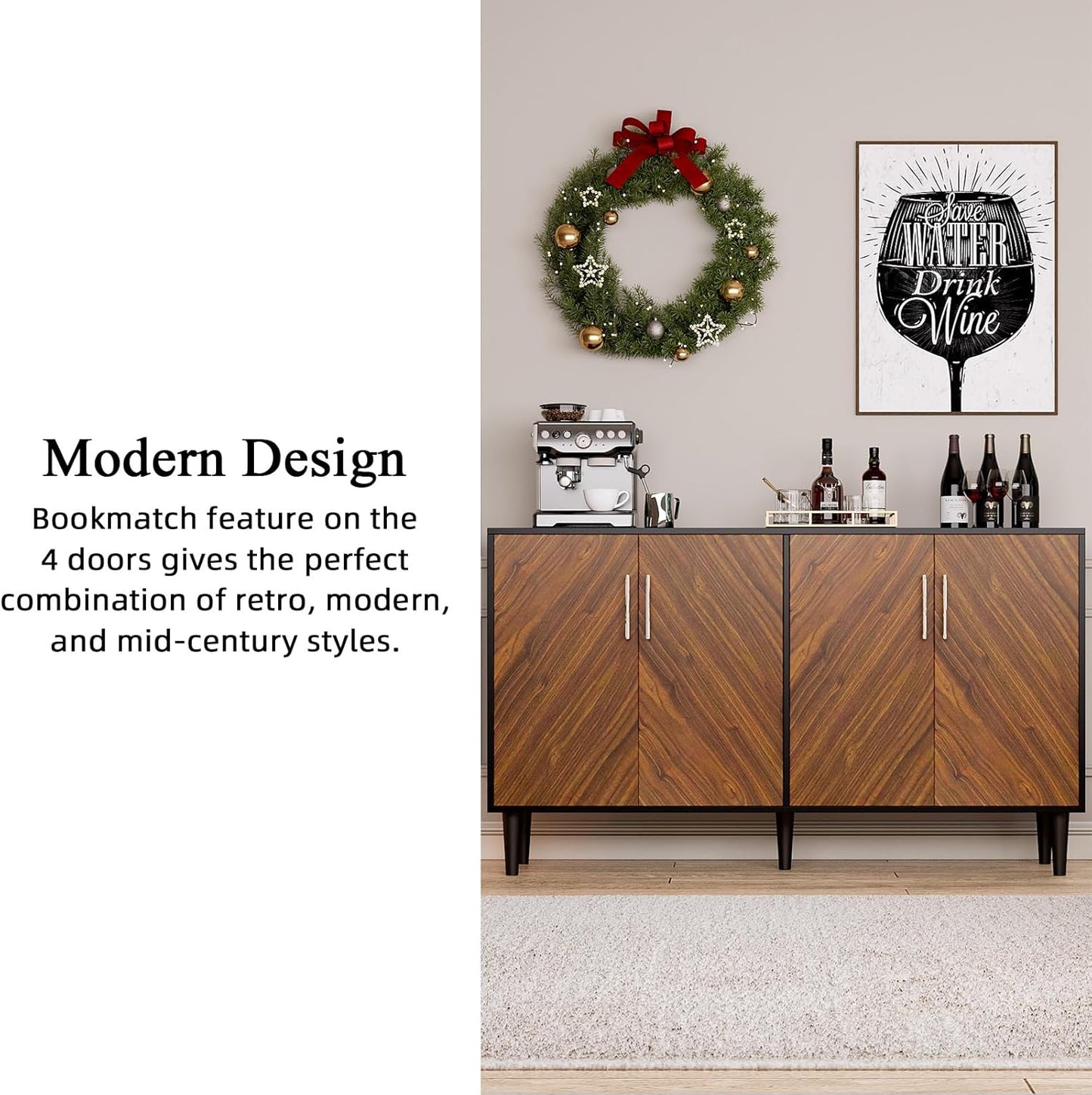 4 EVER WINNER 58" Coffee Bar Cabinet with Storage, Buffet Cabinet with 4 Large Doors, Storage Cabinet with Adjustable Shelves for Living Room, Kitchen, Black