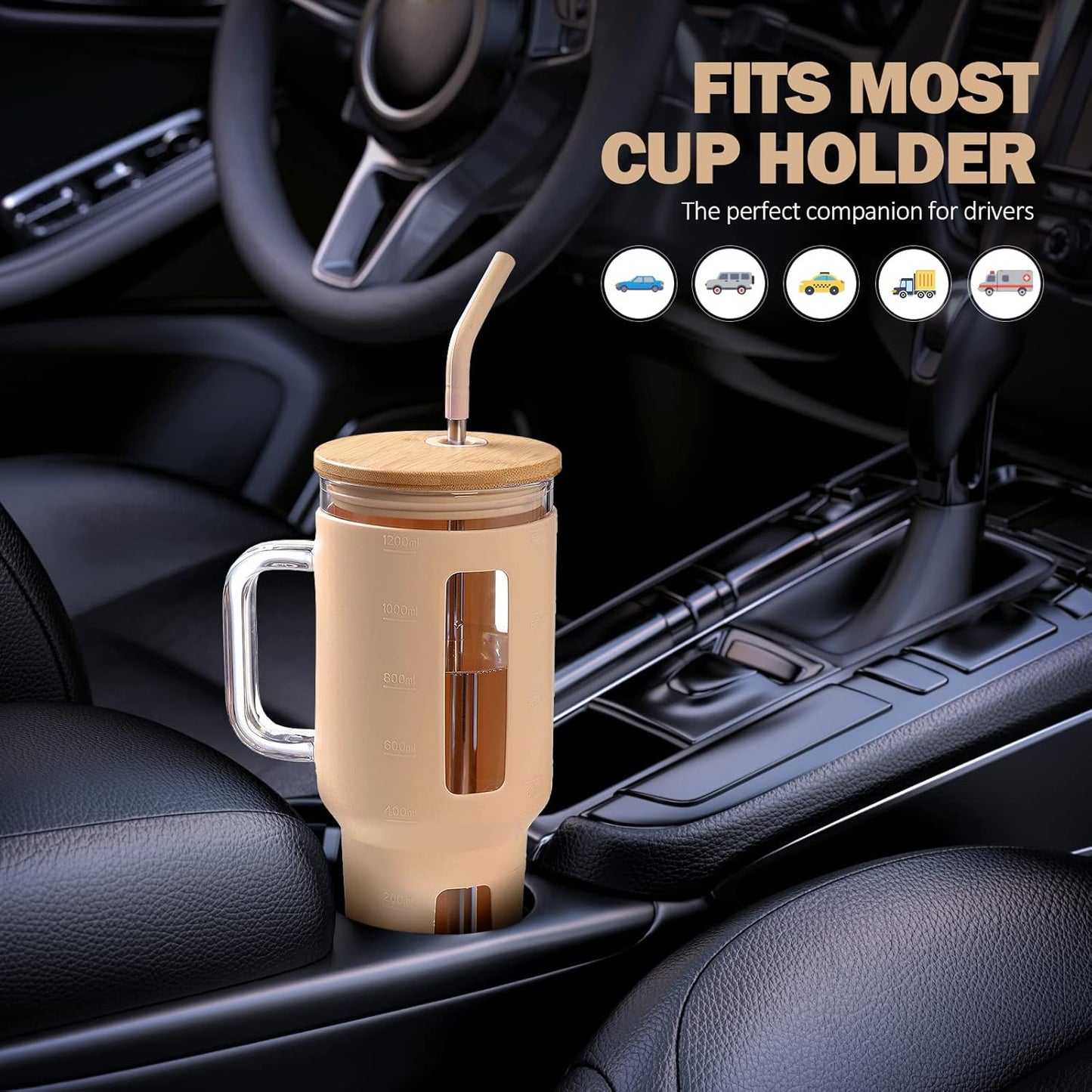 Kodrine 40 oz Glass Tumbler with Handle, Iced Coffee Tumbler with Straw and Bamboo Lid, Glass Drinking Cup with Silicone Sleeve Time Marker, Water Bottle Dishwasher Safe, Cup Holder Friendly, Amber