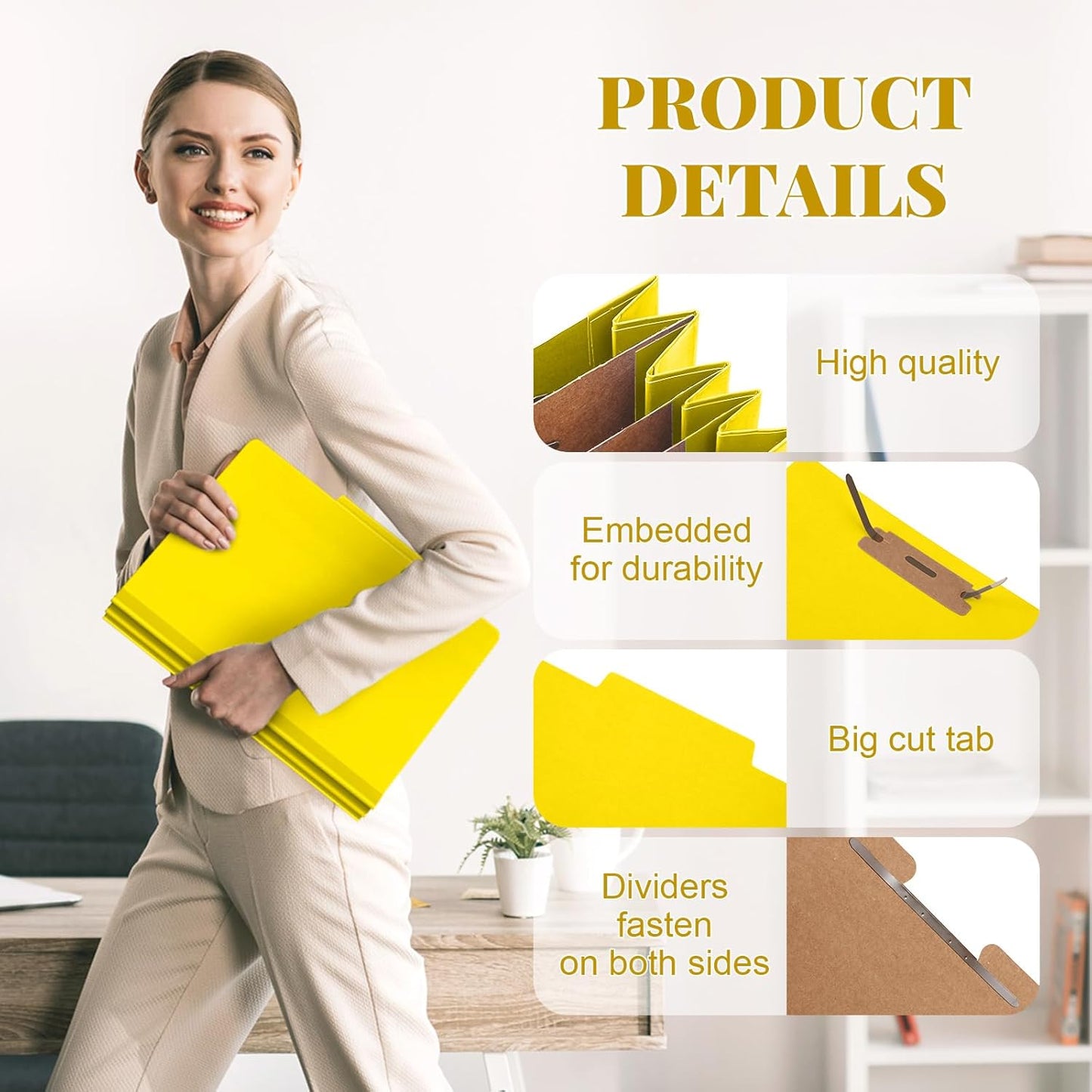 72 Pcs Classification Folders Letter Size, Back to School Supply for Teacher, Student, 3 Dividers Pressboard File Folder Bulk with 2 Fasteners, 3.5 Inch Expanding File Organizer (Yellow)